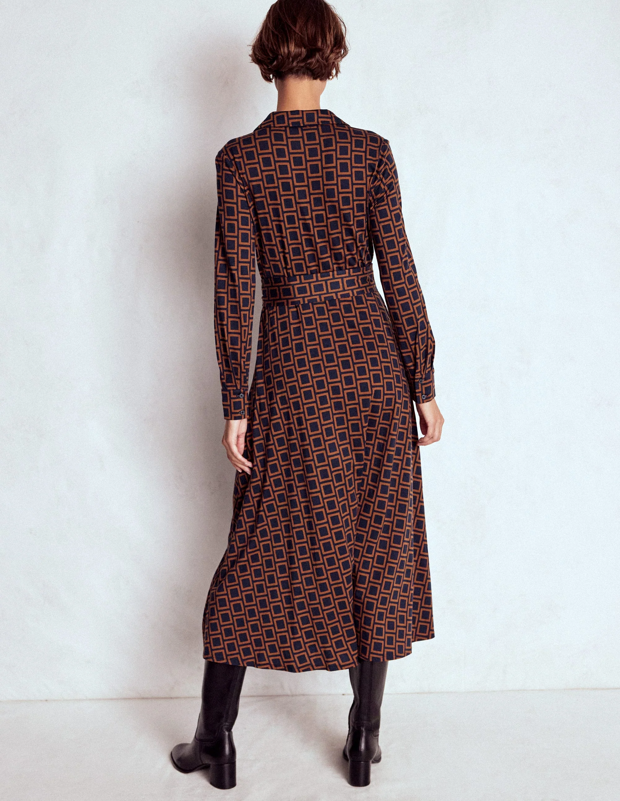 Marcia Jersey Shirt Dress-French Navy, Square Geometric - Image 3