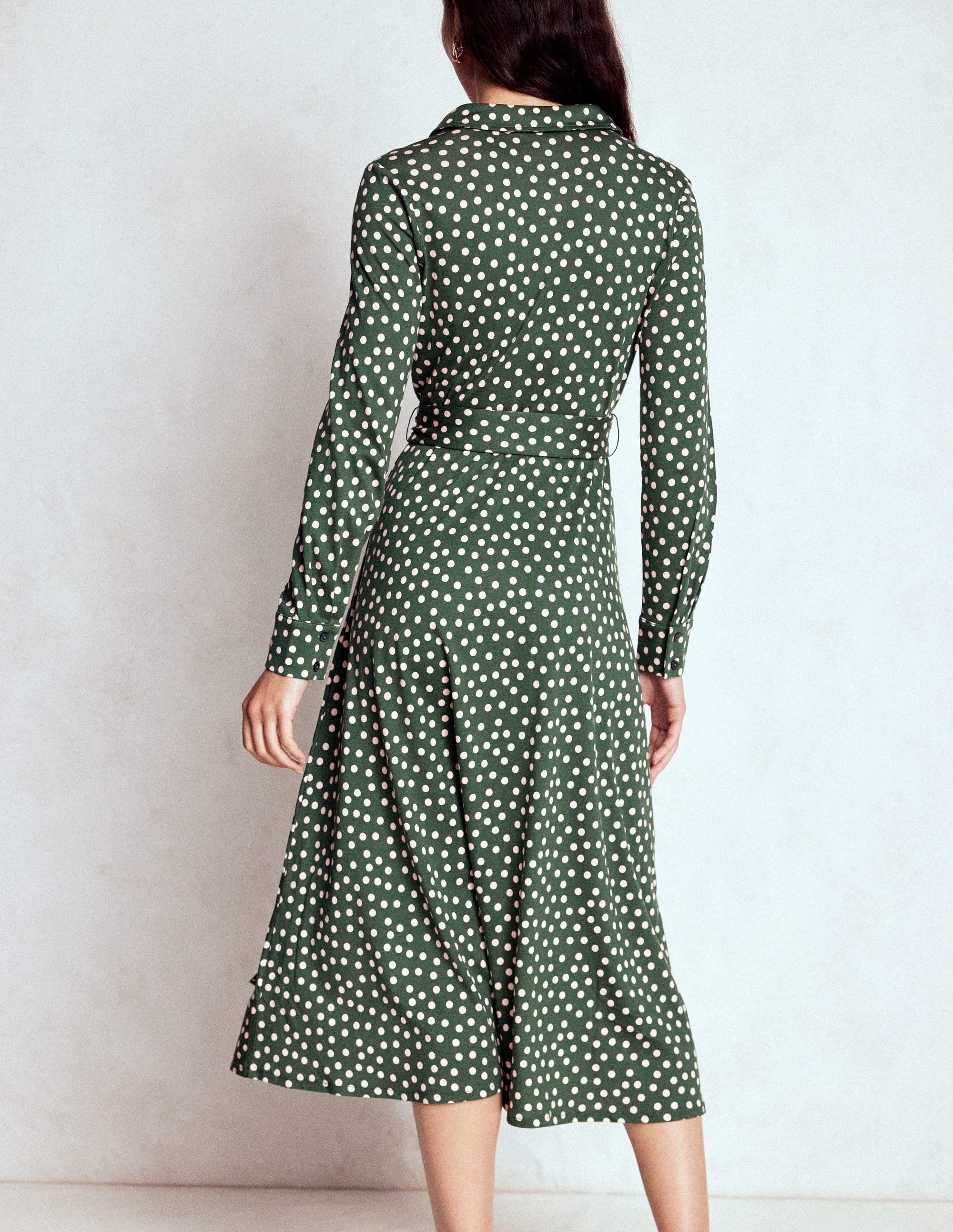 Marcia Jersey Shirt Dress-Hunter Green, Painted Dot - Image 3