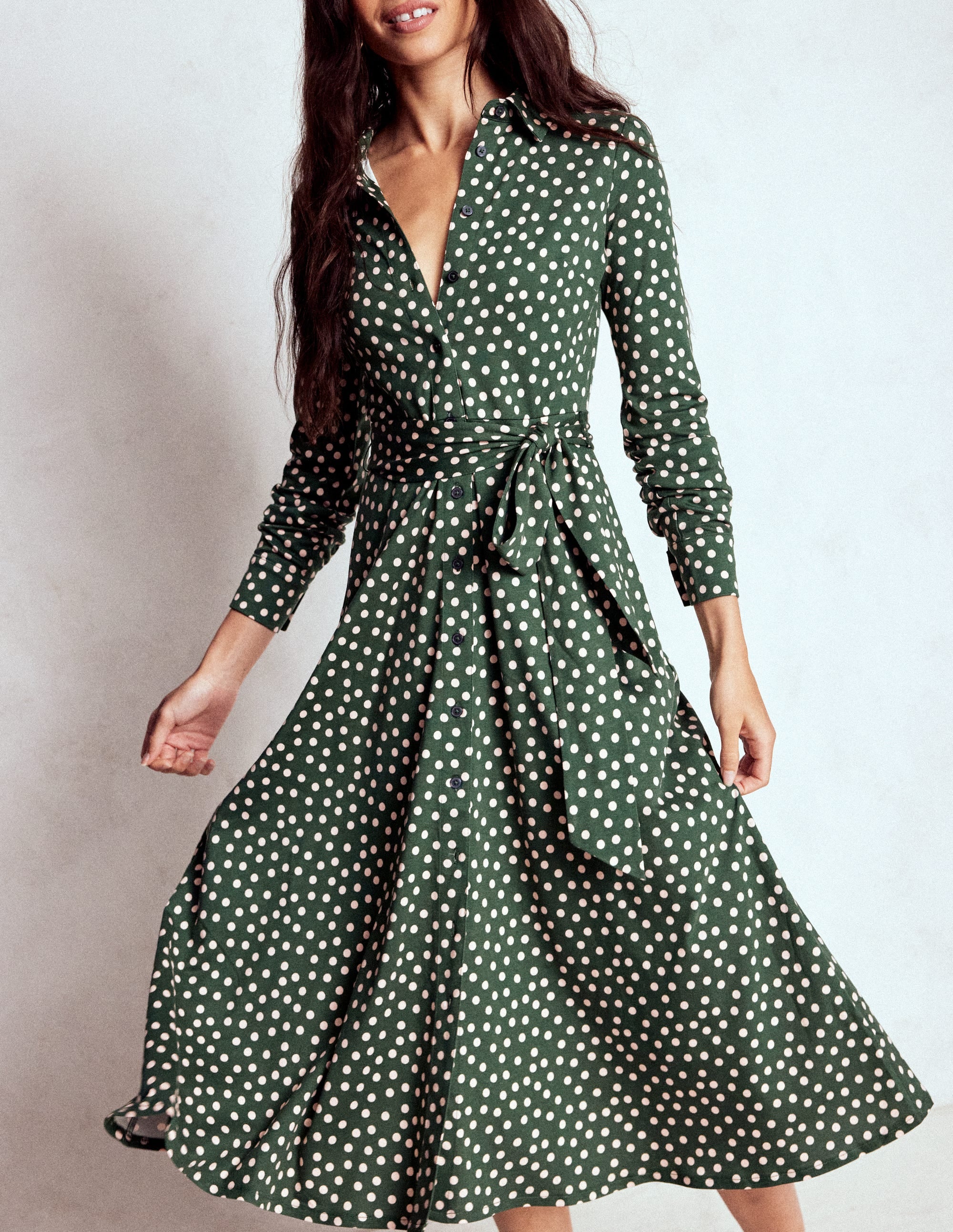 Marcia Jersey Shirt Dress-Hunter Green, Painted Dot - Image 4