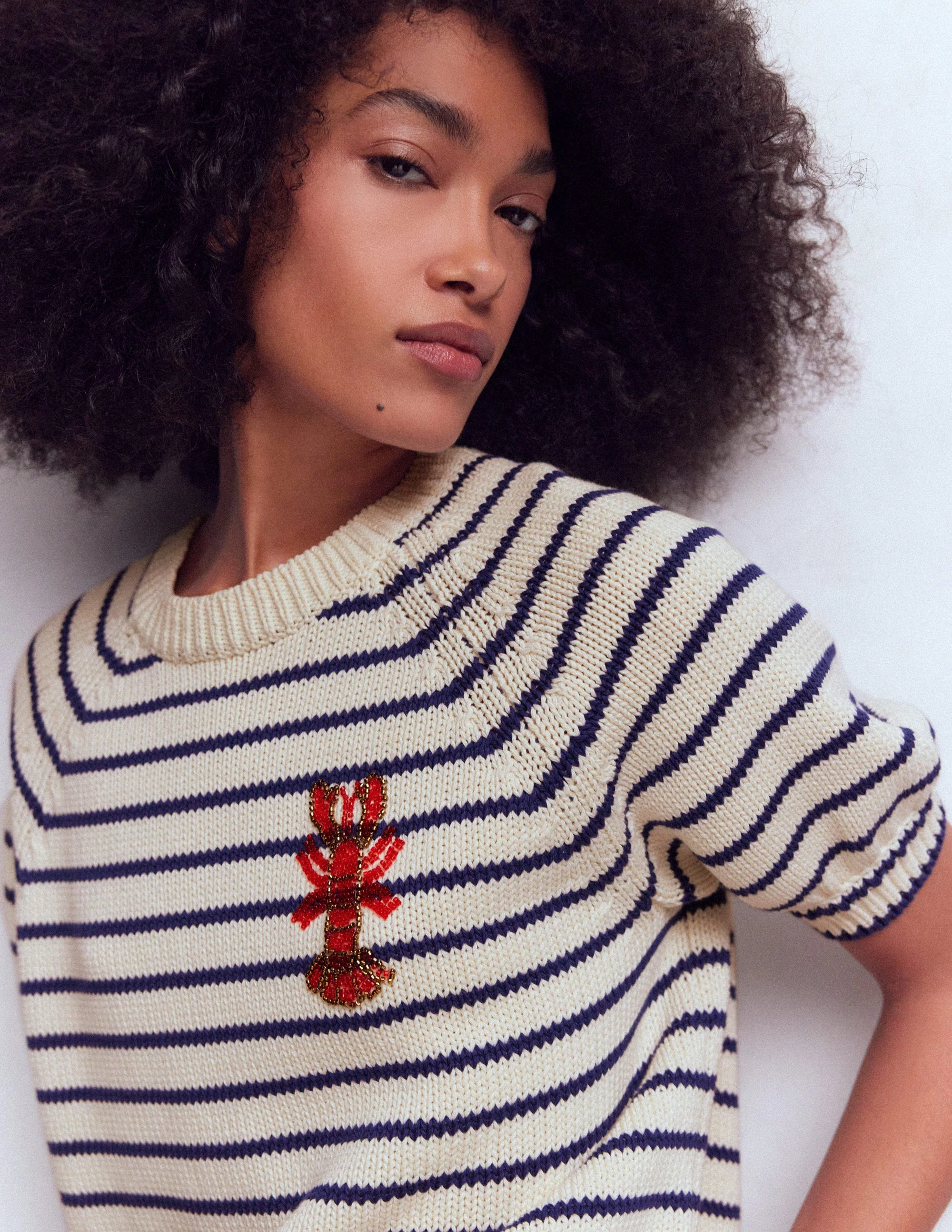 Margot Puff Sleeve T-Shirt-Ivory/ Navy Lobster - Image 3