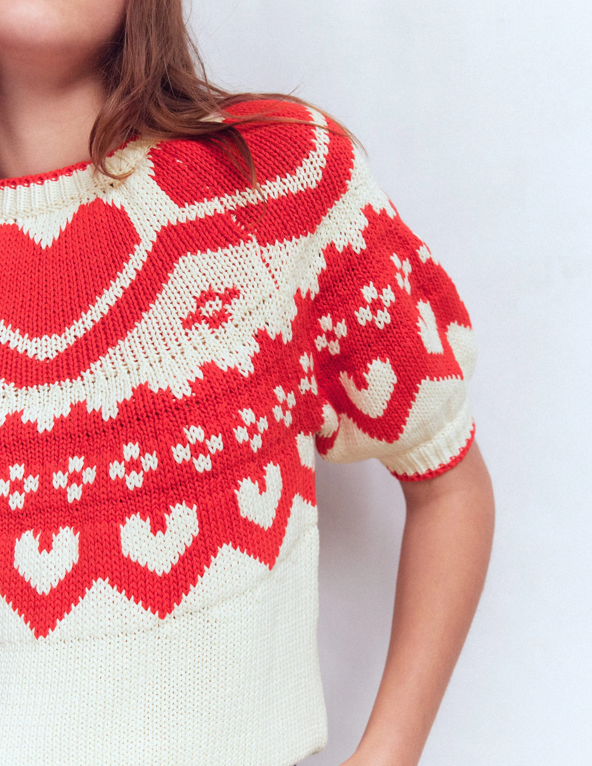 Margot Puff Sleeve T-Shirt-Warm Ivory Hearts - Image 2