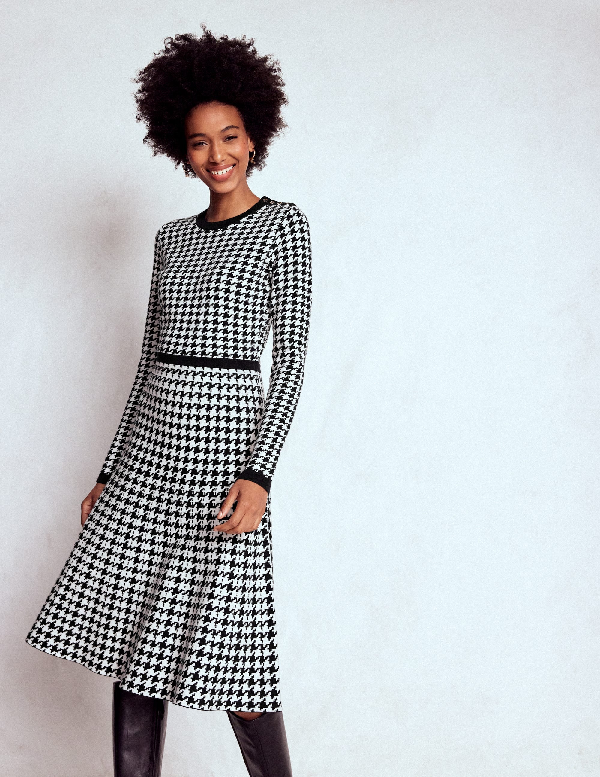 Maria Button Knitted Dress-Black and Ivory Dogstooth
