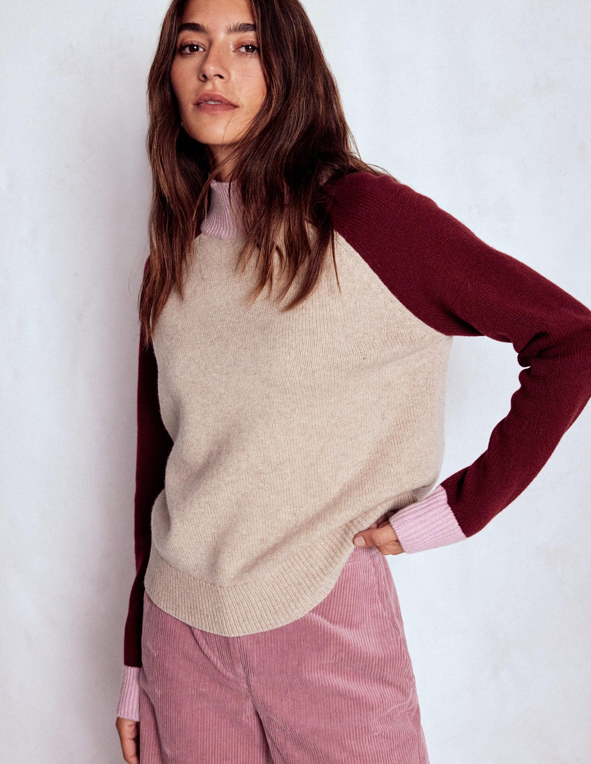 Marion Merino High Neck Jumper-Linen, Pinotage Colour Block - Image 4