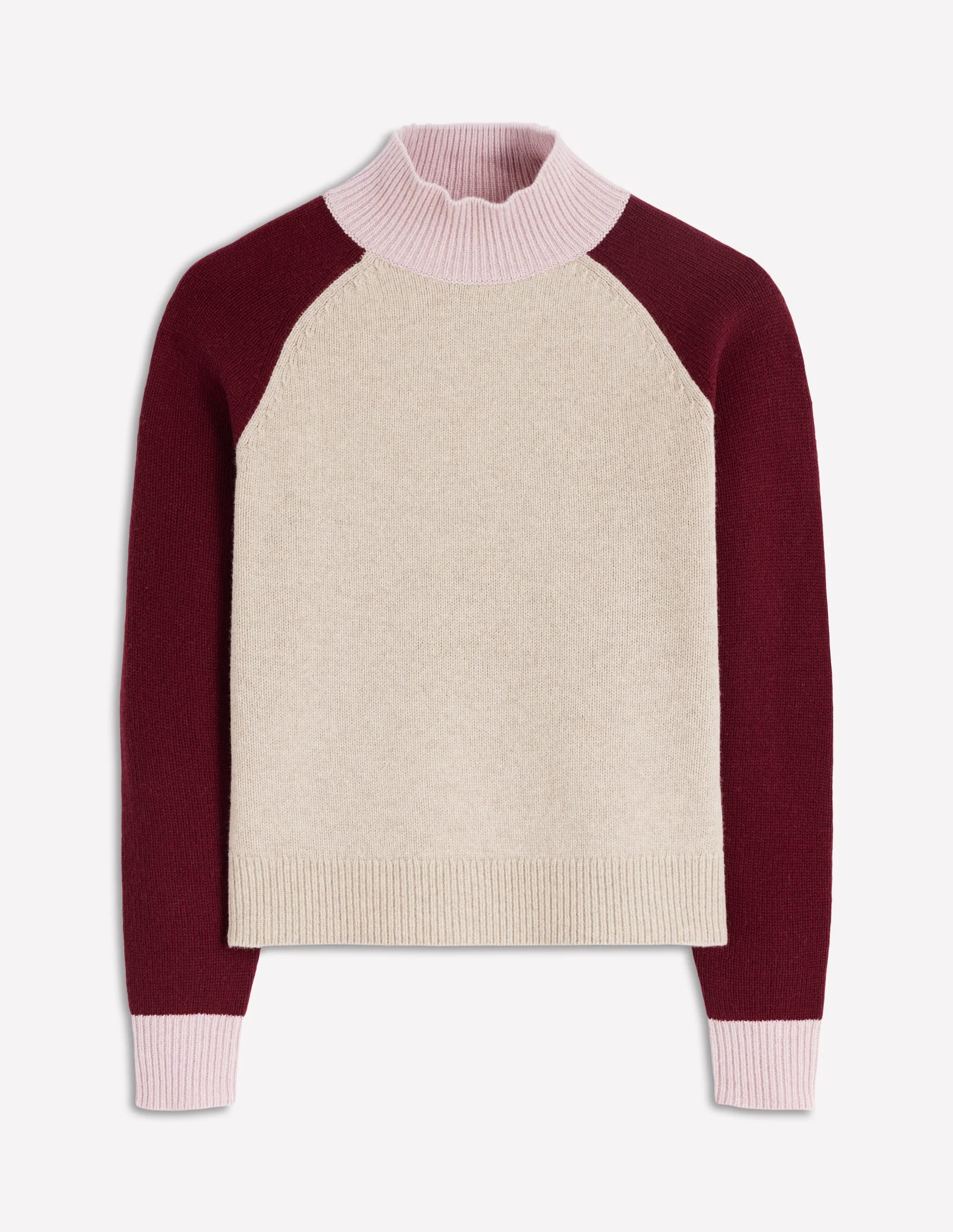 Marion Merino High Neck Jumper-Linen, Pinotage Colour Block - Image 5