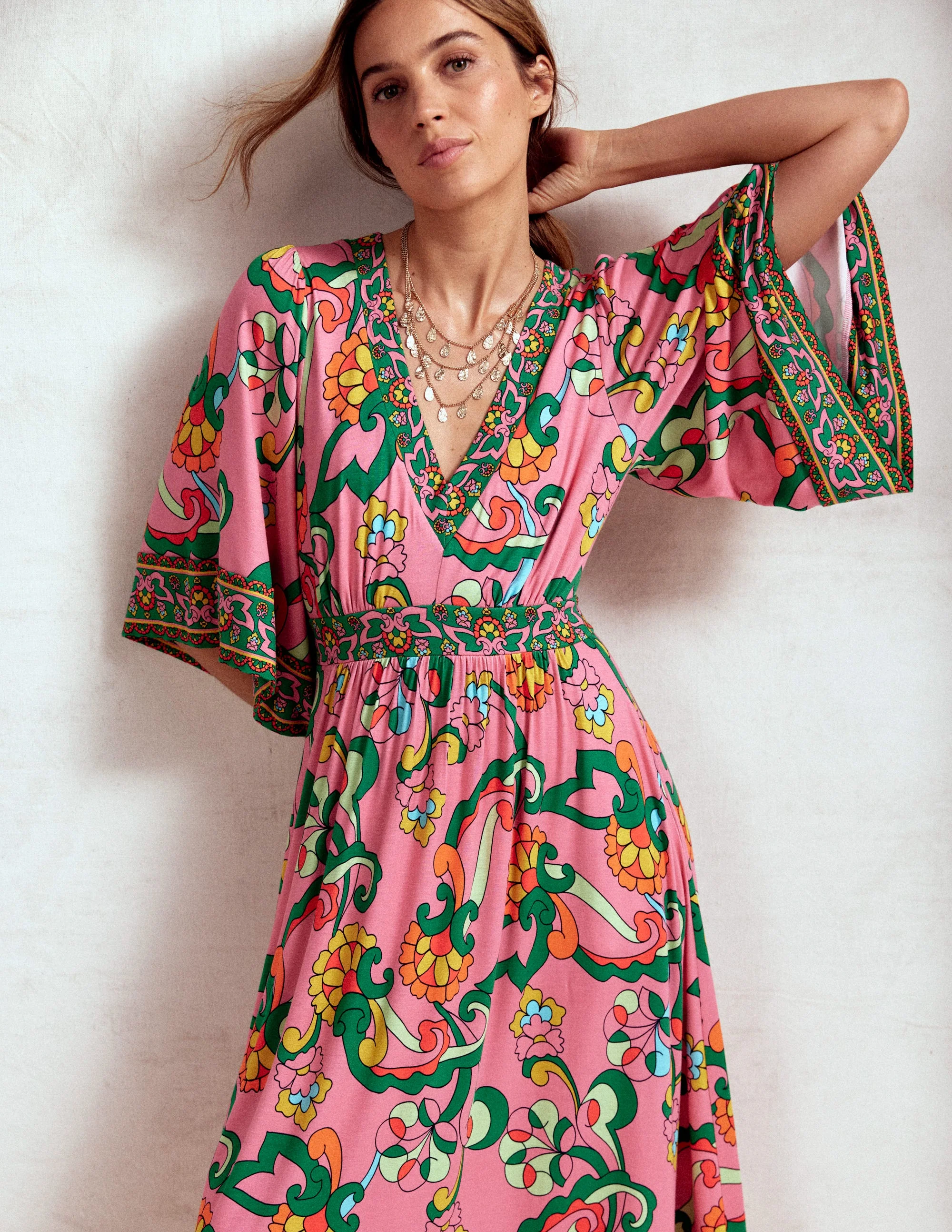 Maya Kimono Jersey Maxi Dress-Pink Rose, Foliage Trail - Image 3