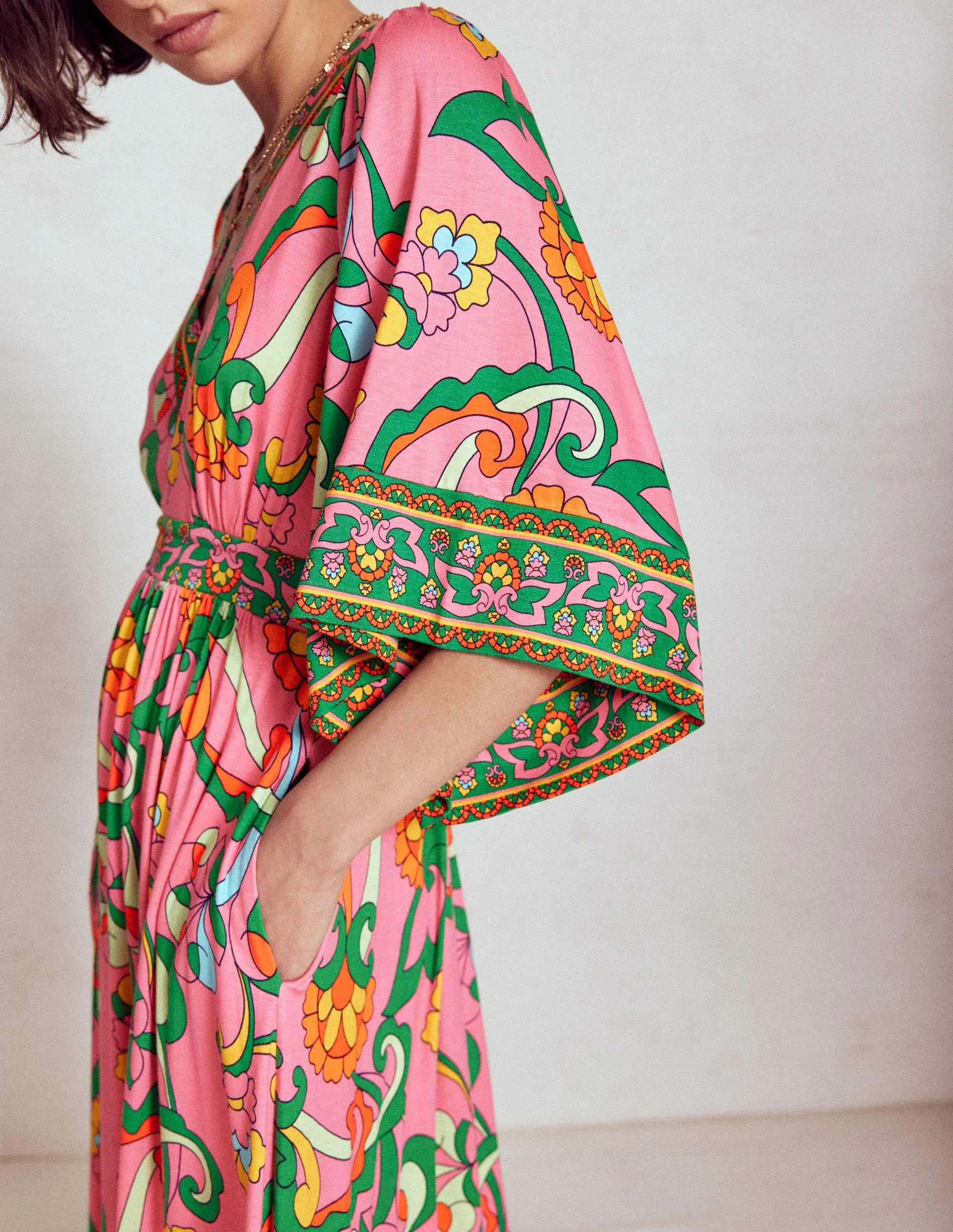 Maya Kimono Jersey Maxi Dress-Pink Rose, Foliage Trail - Image 4
