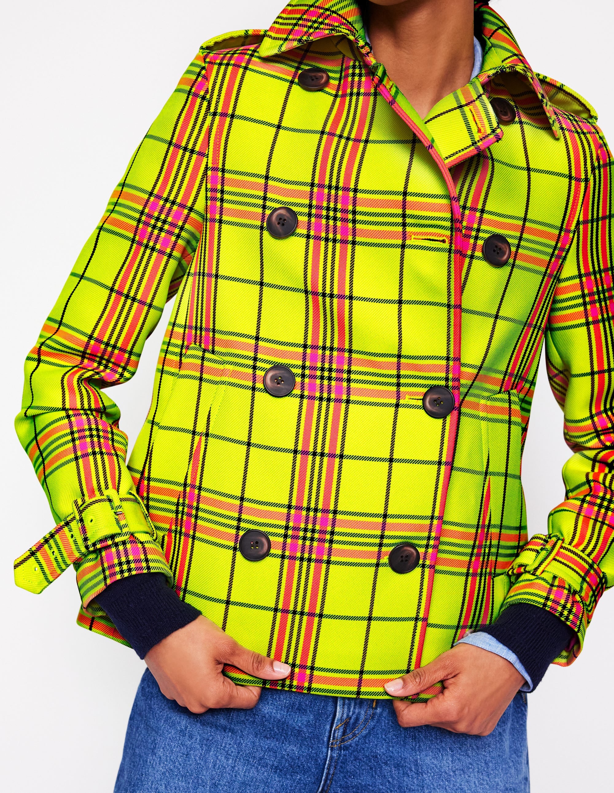 Mayfair Cropped Trench-Neon Yellow Check - Image 3