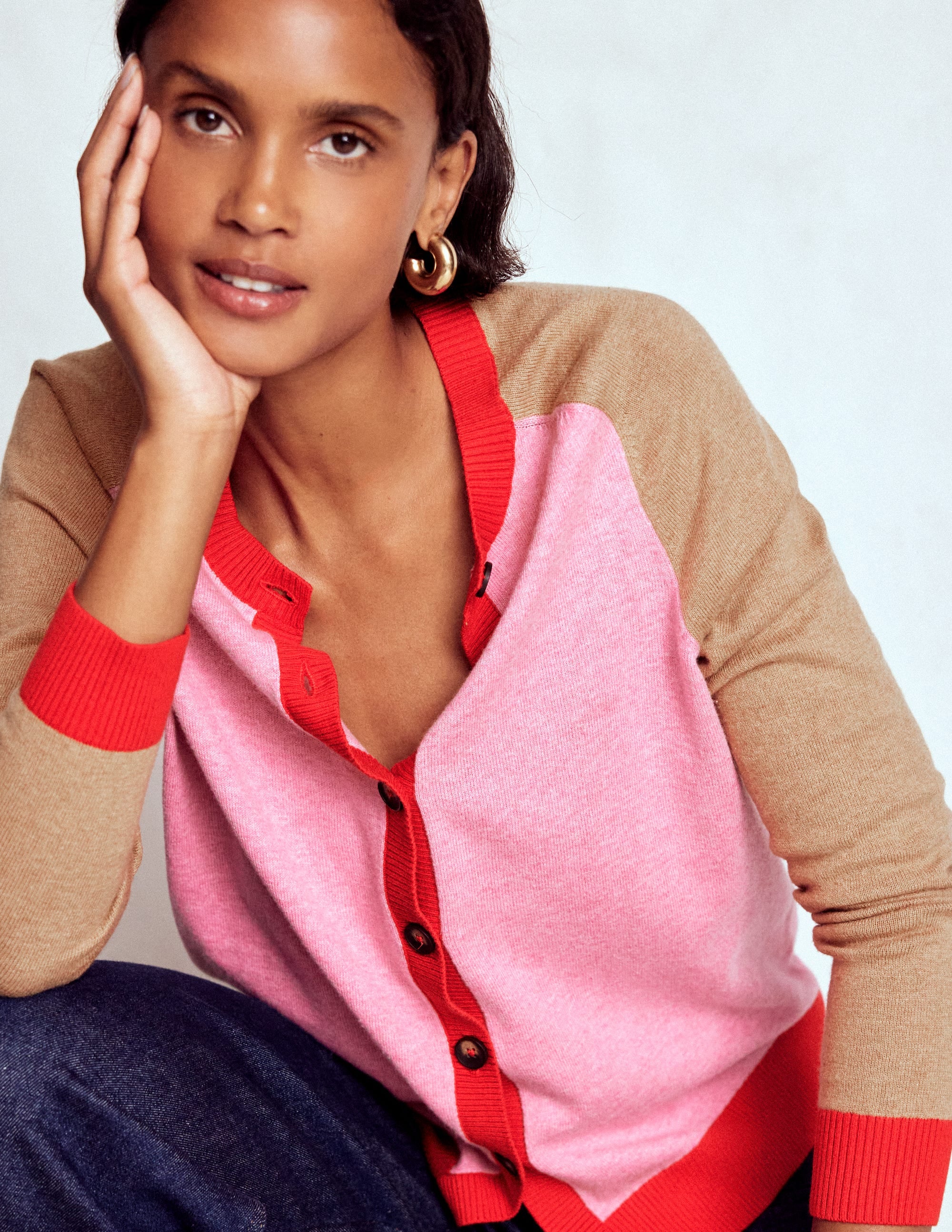 Meg Raglan Sleeve Cardigan-Camel, Pink Colour Block - Image 2