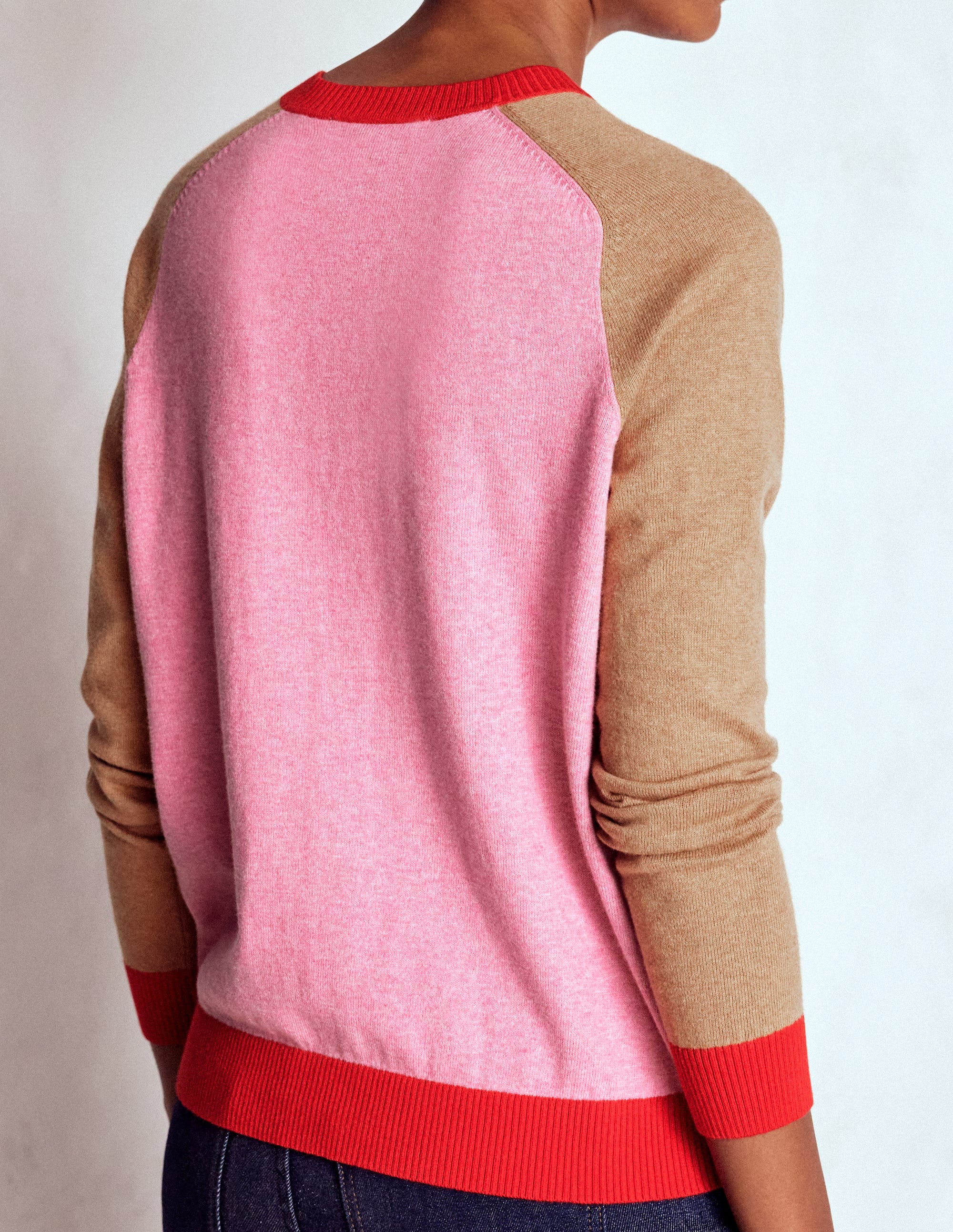 Meg Raglan Sleeve Cardigan-Camel, Pink Colour Block - Image 3
