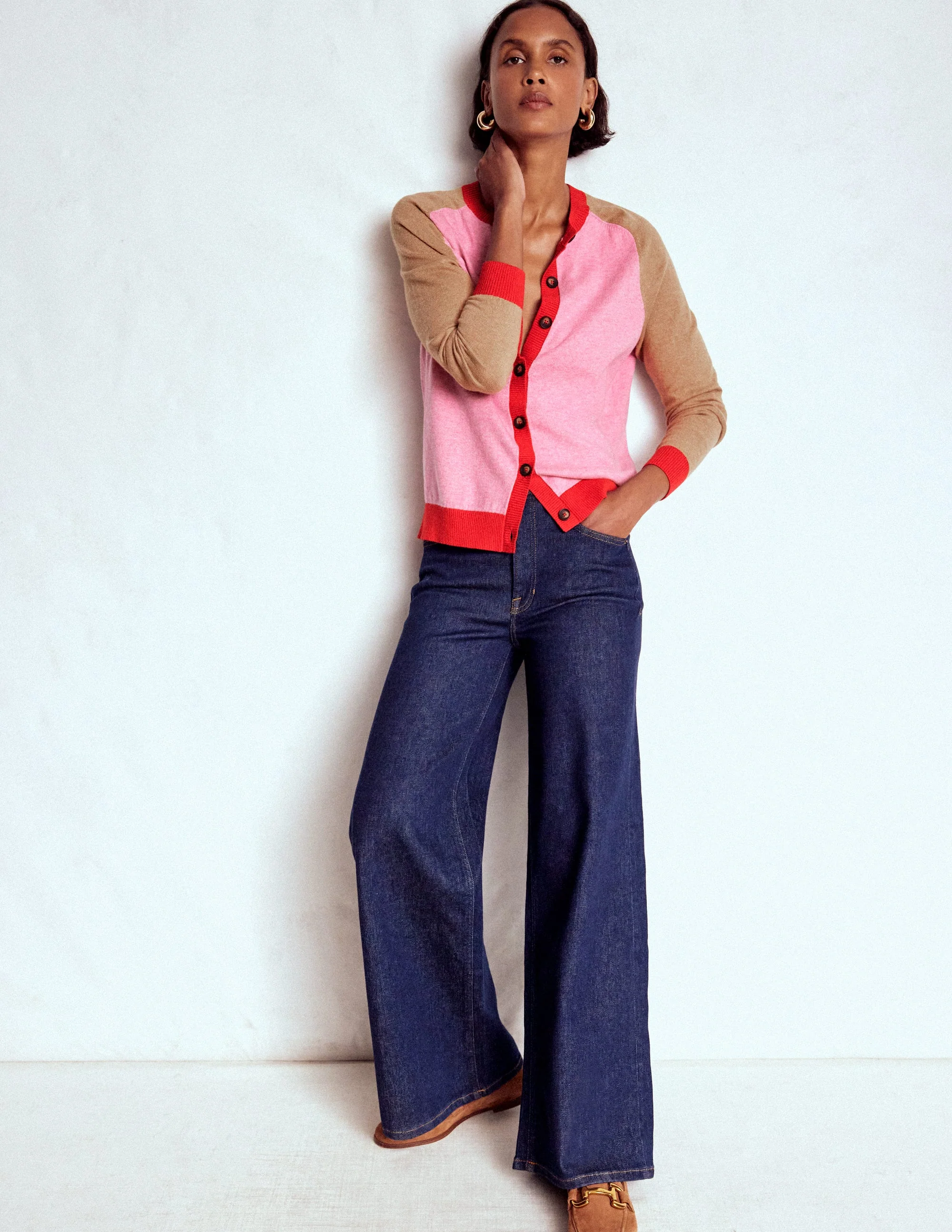 Meg Raglan Sleeve Cardigan-Camel, Pink Colour Block - Image 4