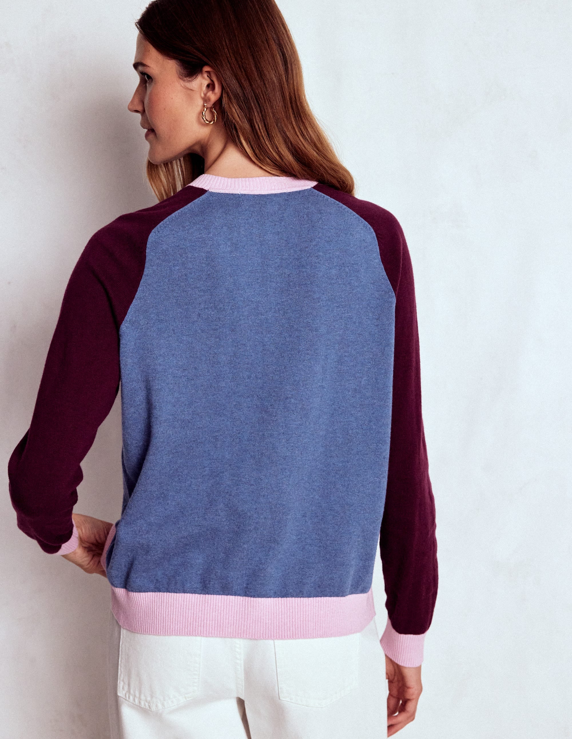 Meg Raglan Sleeve Cardigan-Harbour Blue, Colour Block - Image 3