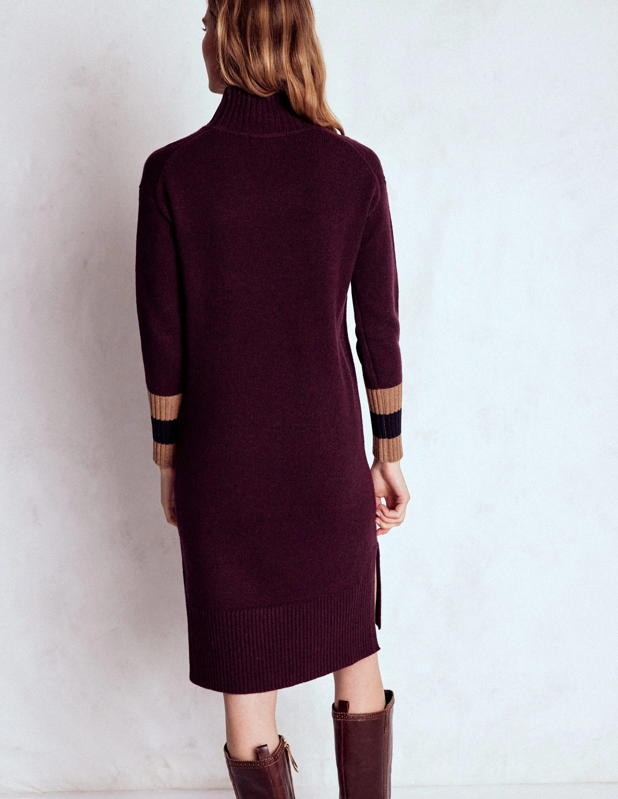 Merino Knitted Dress-Dark Cherry, Brown Stripe - Image 4
