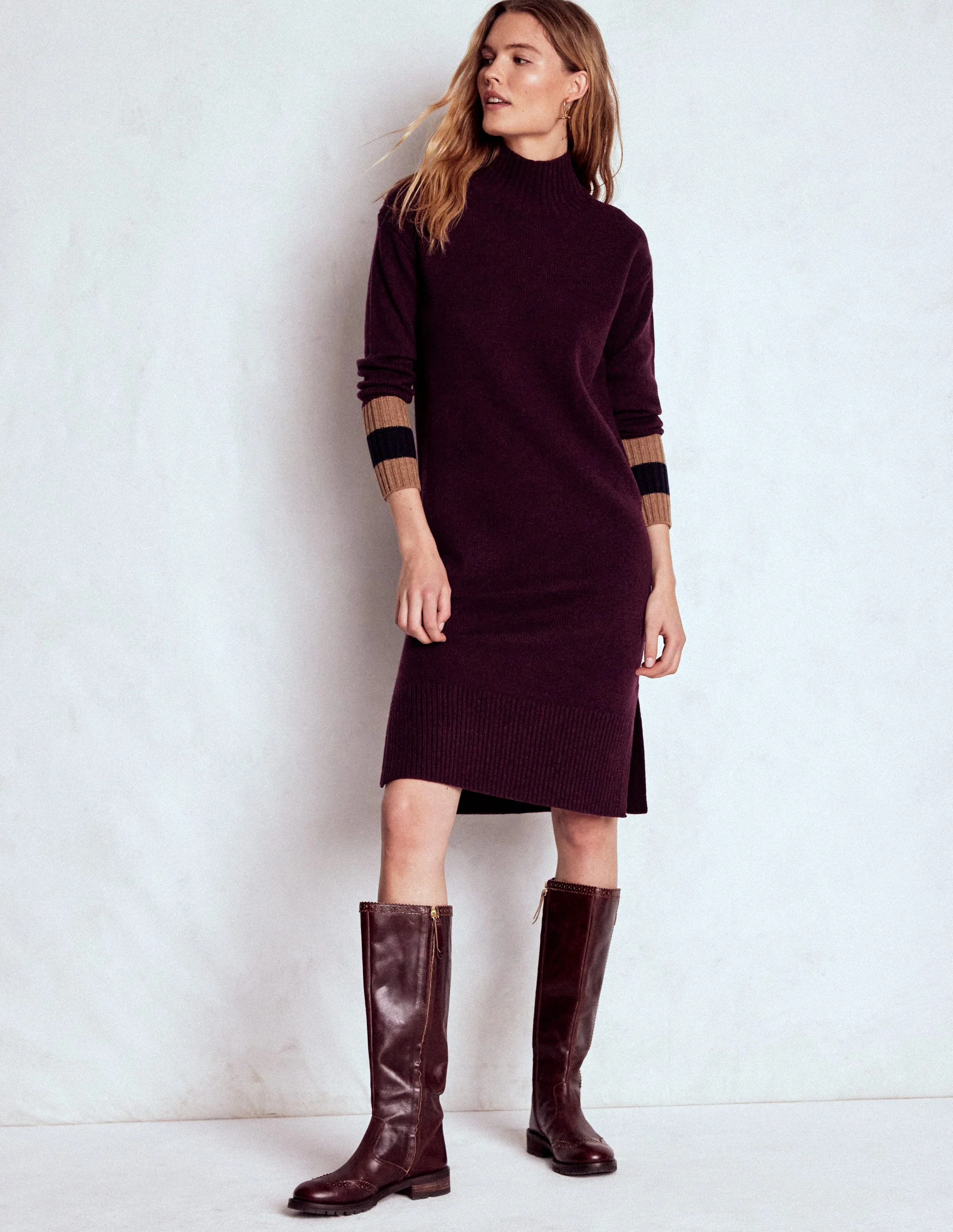 Merino Knitted Dress-Dark Cherry, Brown Stripe - Image 5