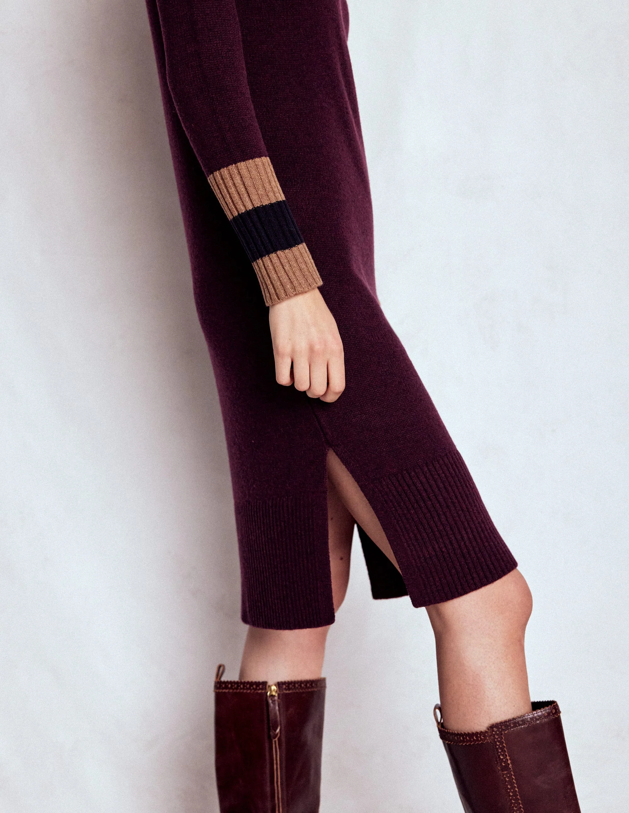 Merino Knitted Dress-Dark Cherry, Brown Stripe - Image 6
