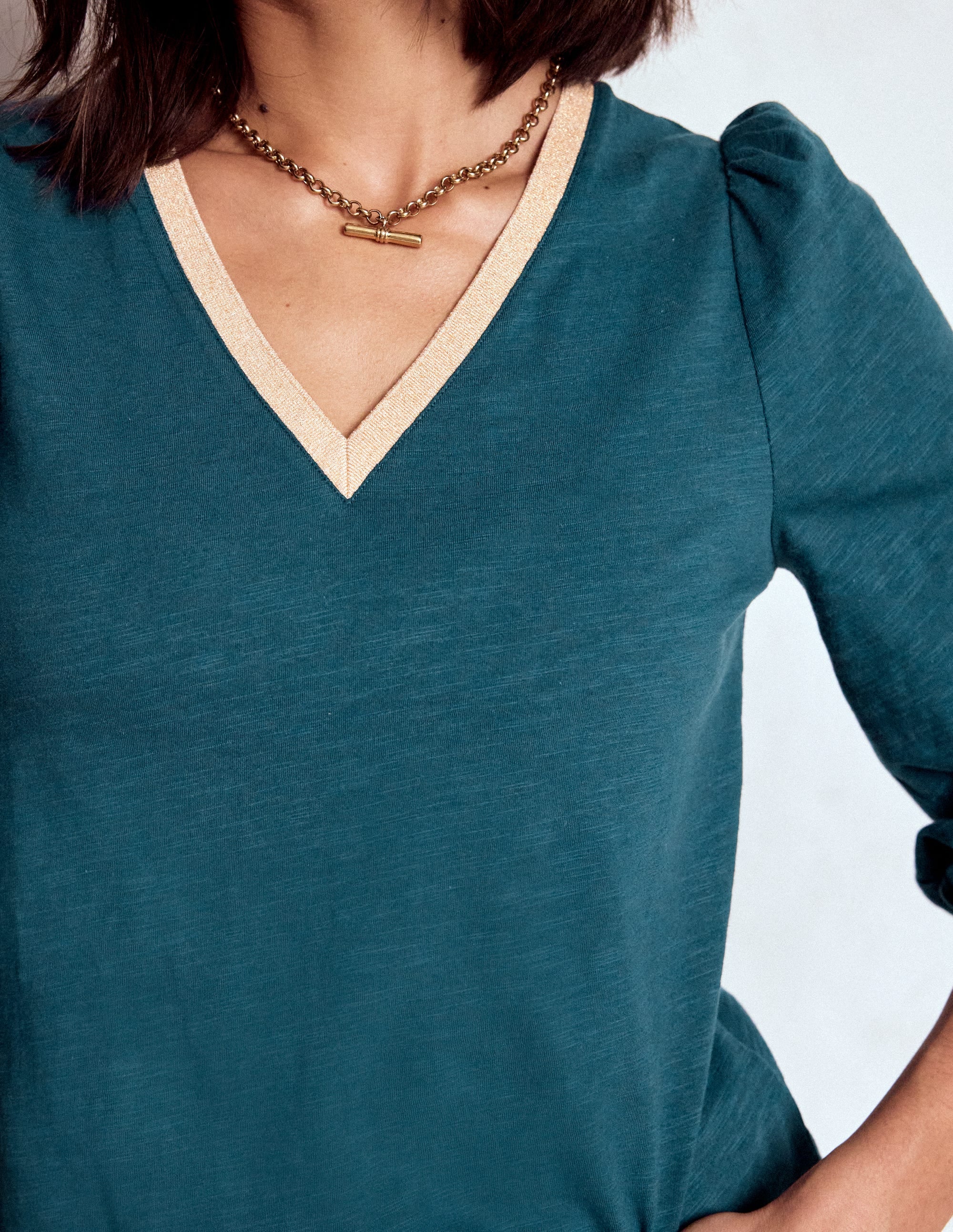 Metallic Trim V-neck Top-Midnight Teal - Image 2