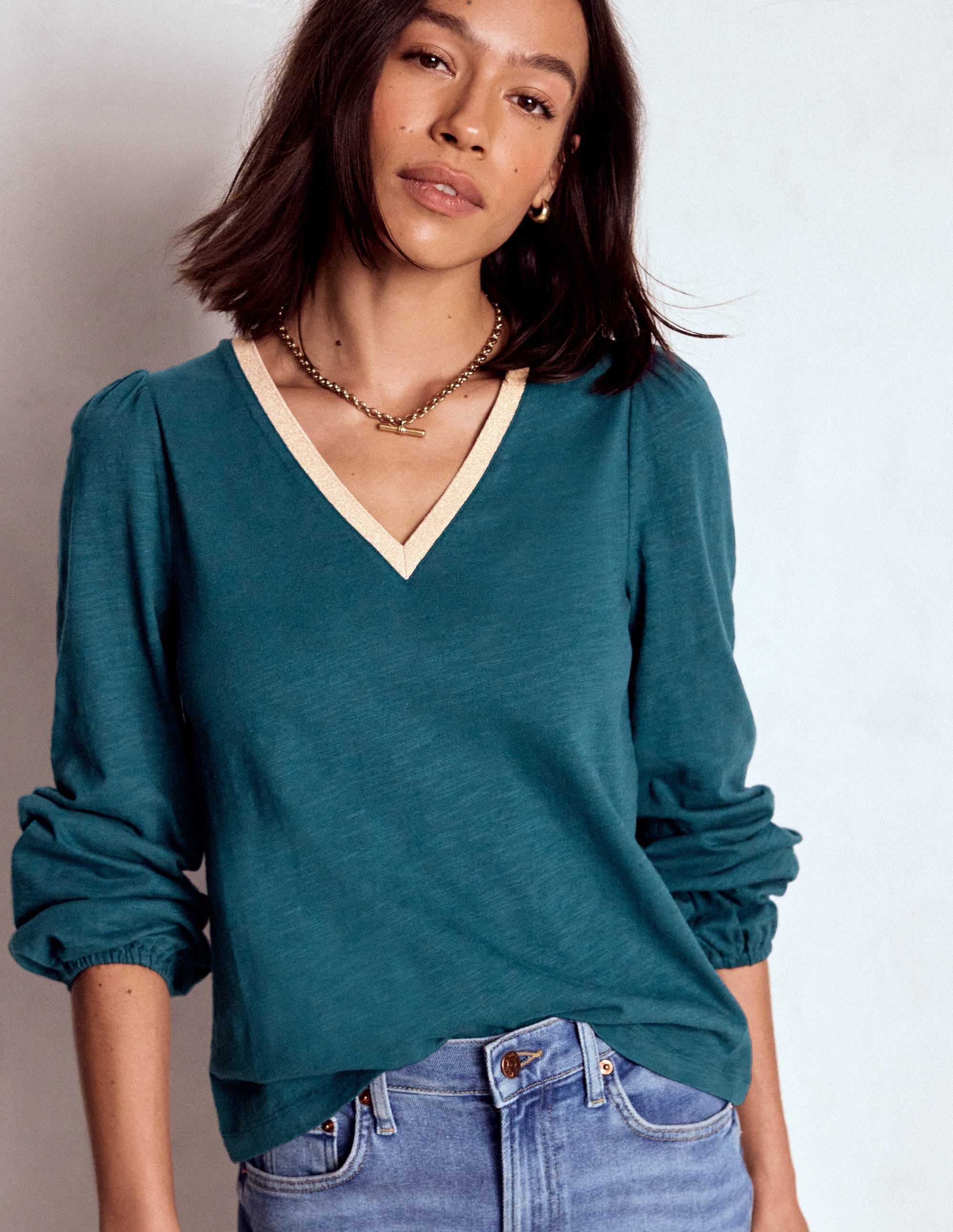 Metallic Trim V-neck Top-Midnight Teal - Image 4