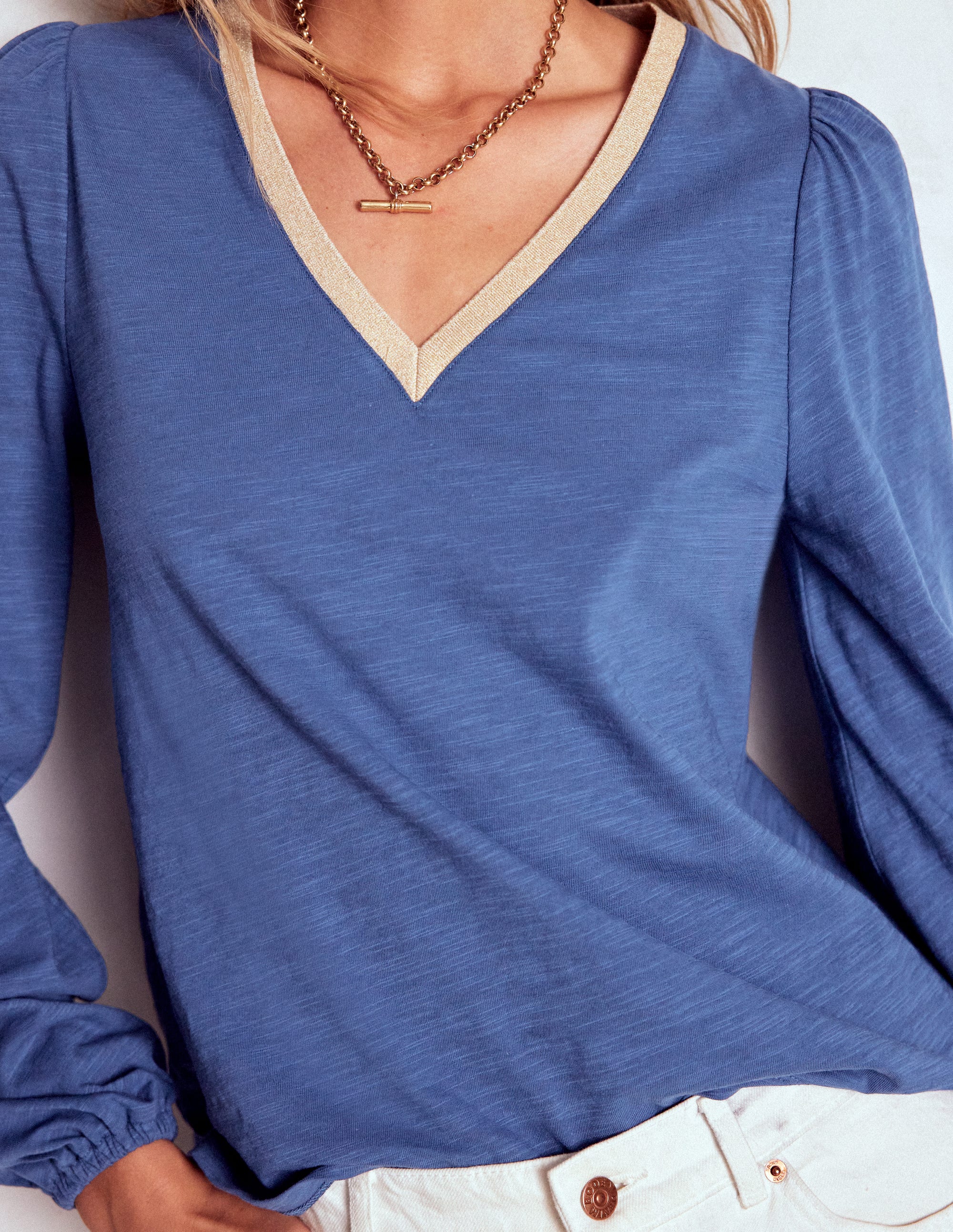 Metallic Trim V-neck Top-True Navy - Image 2