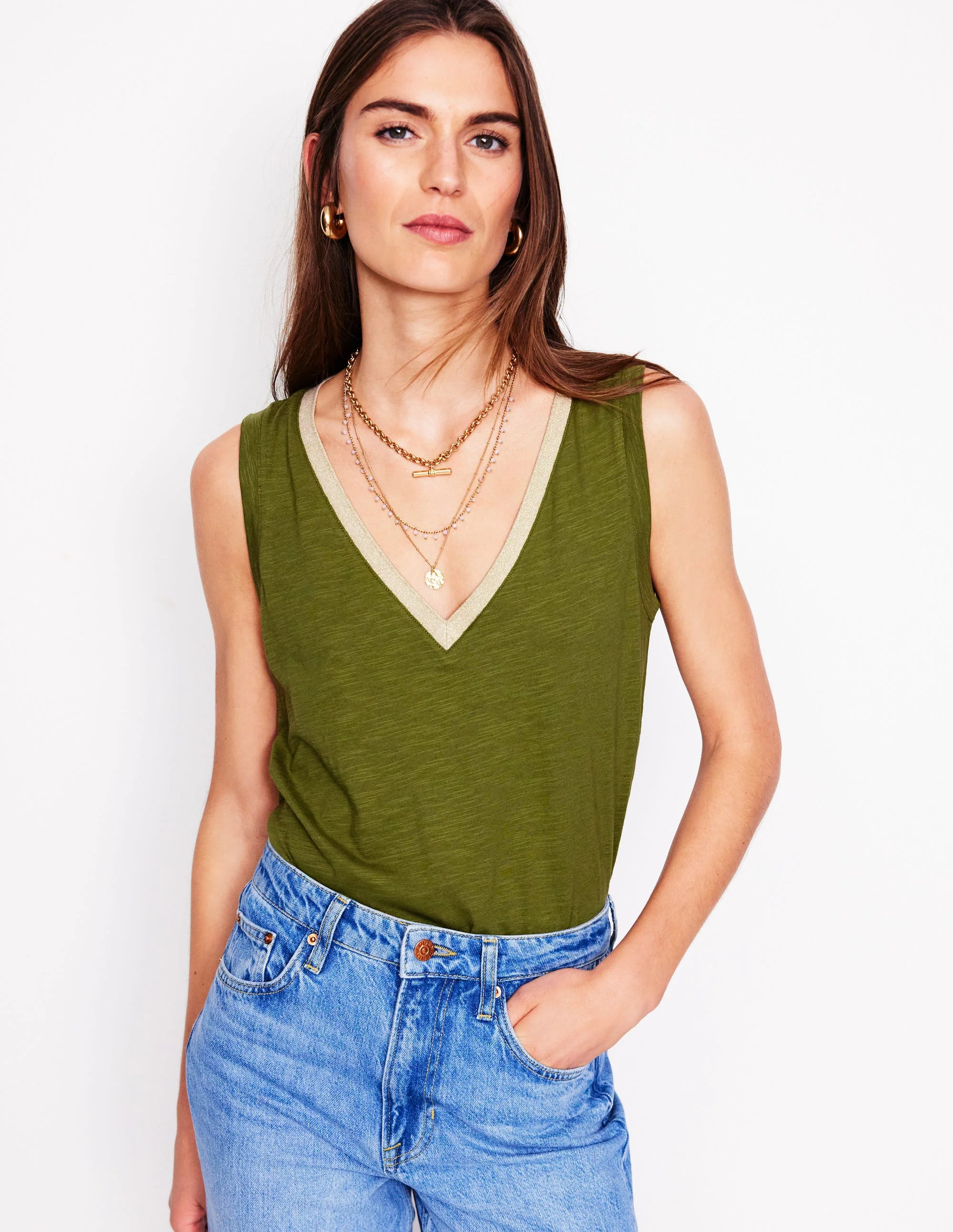 Metallic Trim V Neck Vest-Mayfly - Image 3