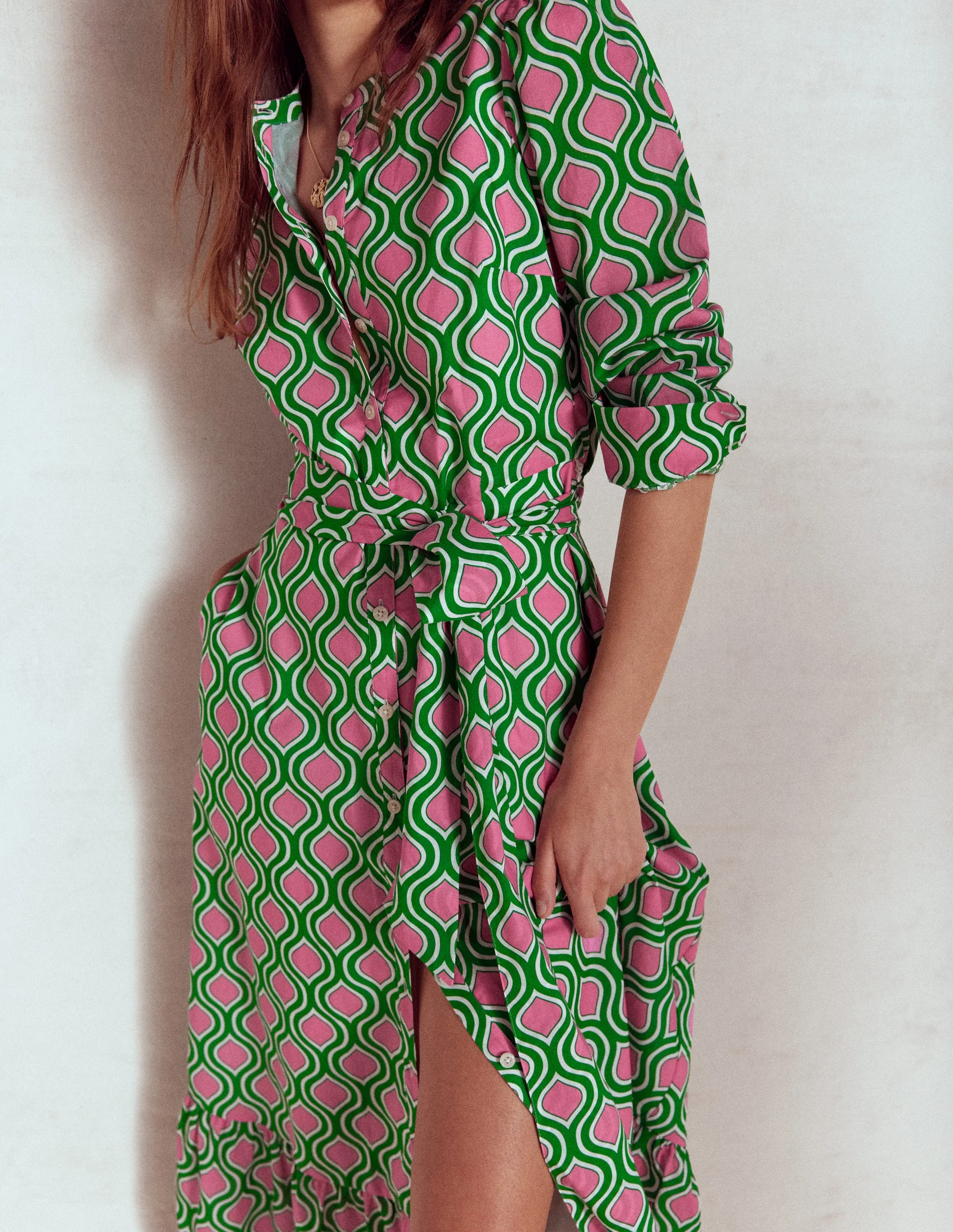 Mia Tiered Shirt Dress-Rich Emerald, Geo Trellis - Image 2