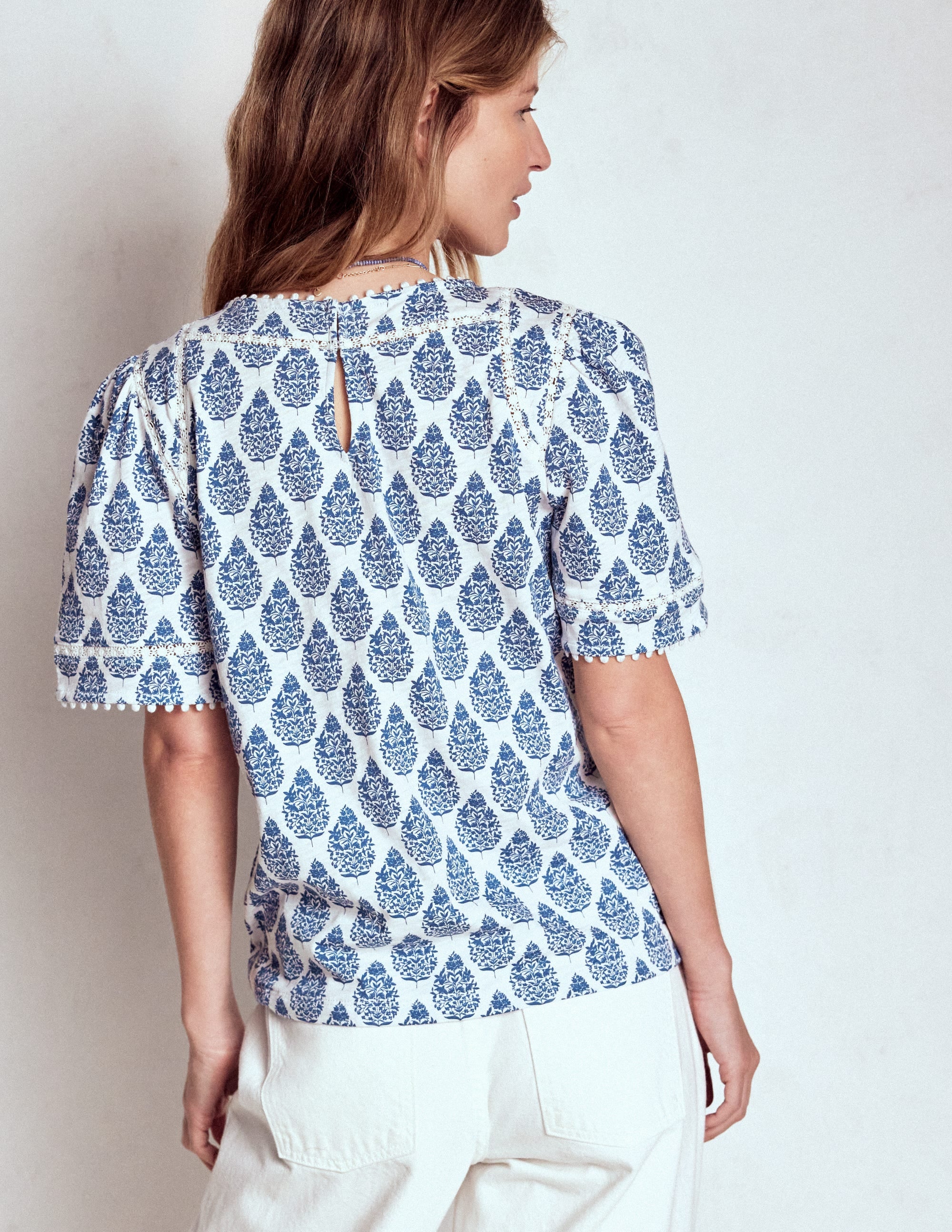 Mila Lace Trim Top-Denim Blue, Wildflower Bouquet - Image 4