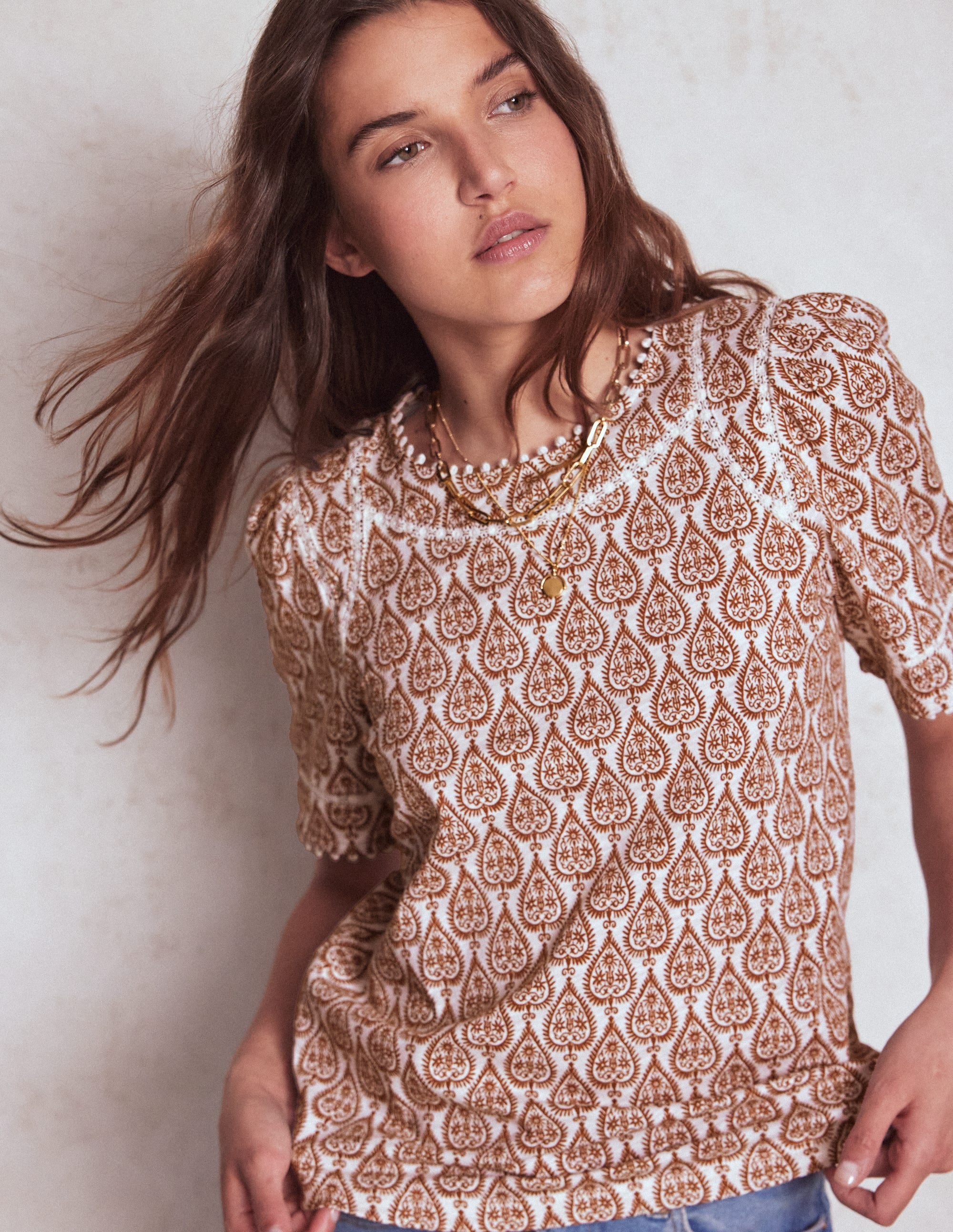 Mila Lace Trim Top-Ivory and Cognac, Ornate Geo