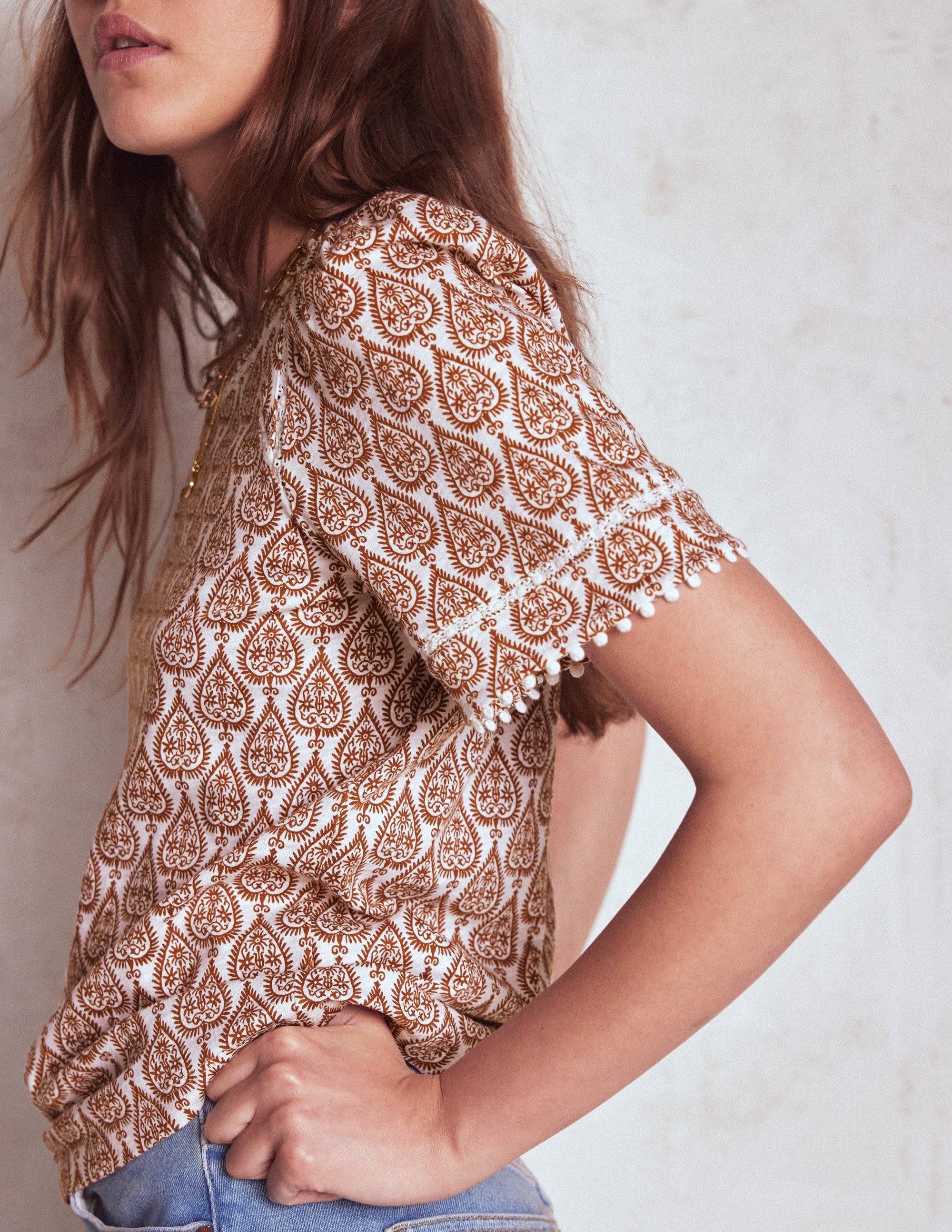 Mila Lace Trim Top-Ivory and Cognac, Ornate Geo - Image 2