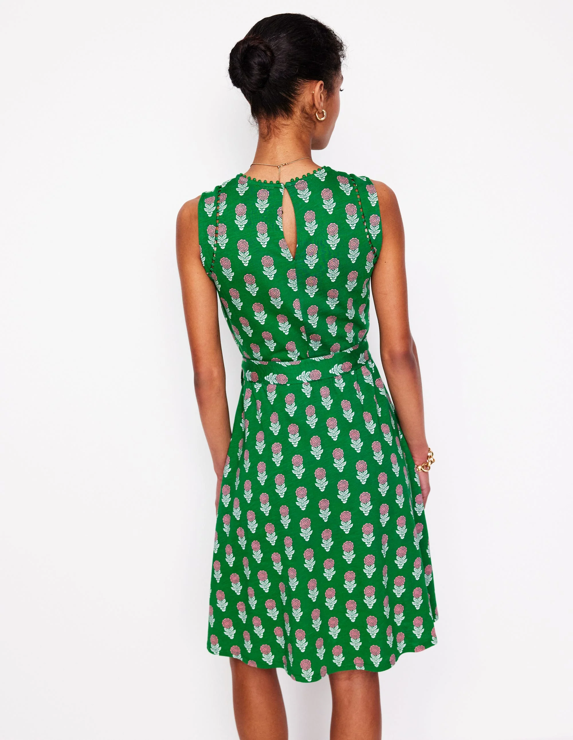 Mila Trim Short Jersey Dress-Rich Emerald, Dahlia Sprig - Image 3
