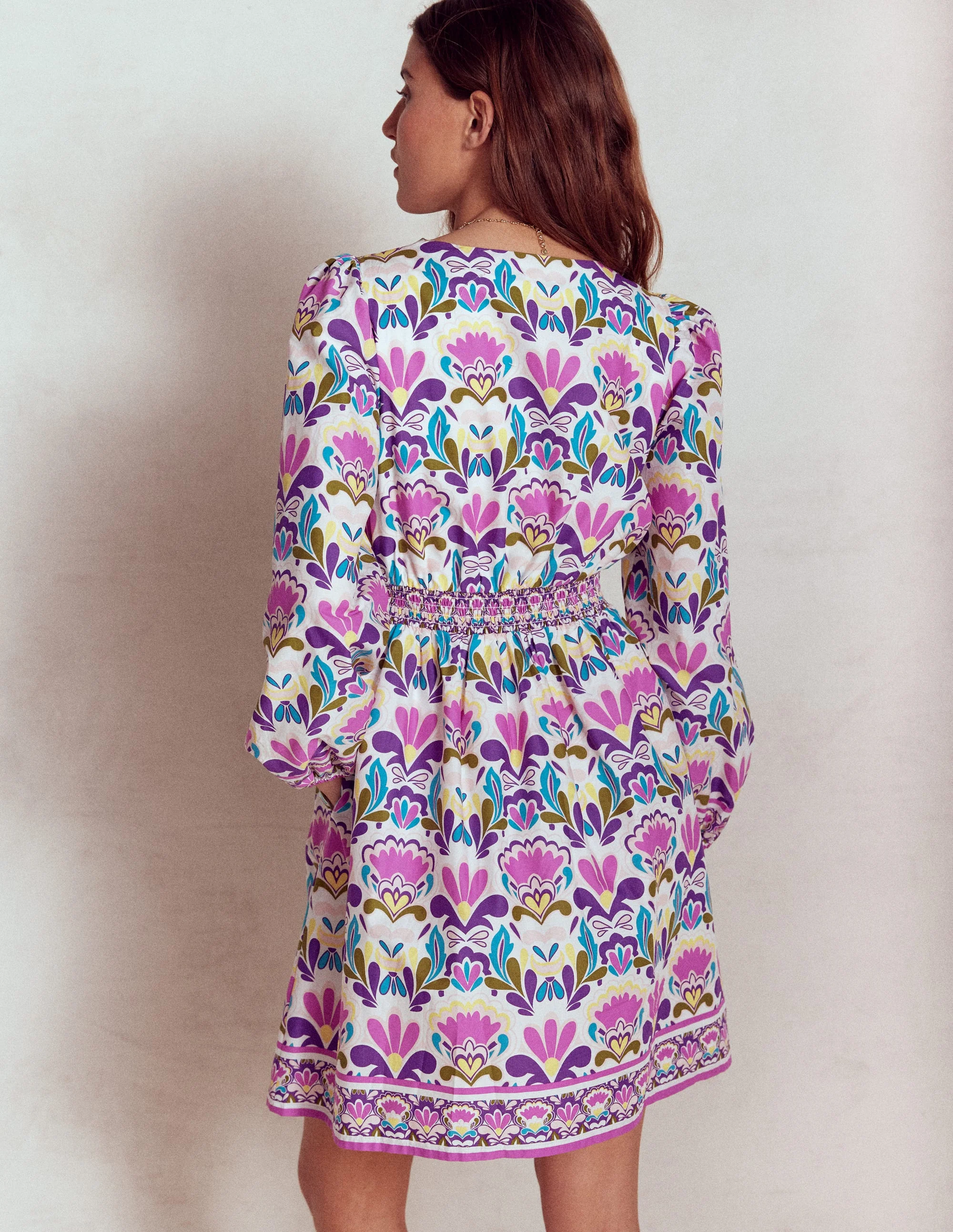 Mya Cotton Short Dress-Royal Purple, Freesia Stamp - Image 3