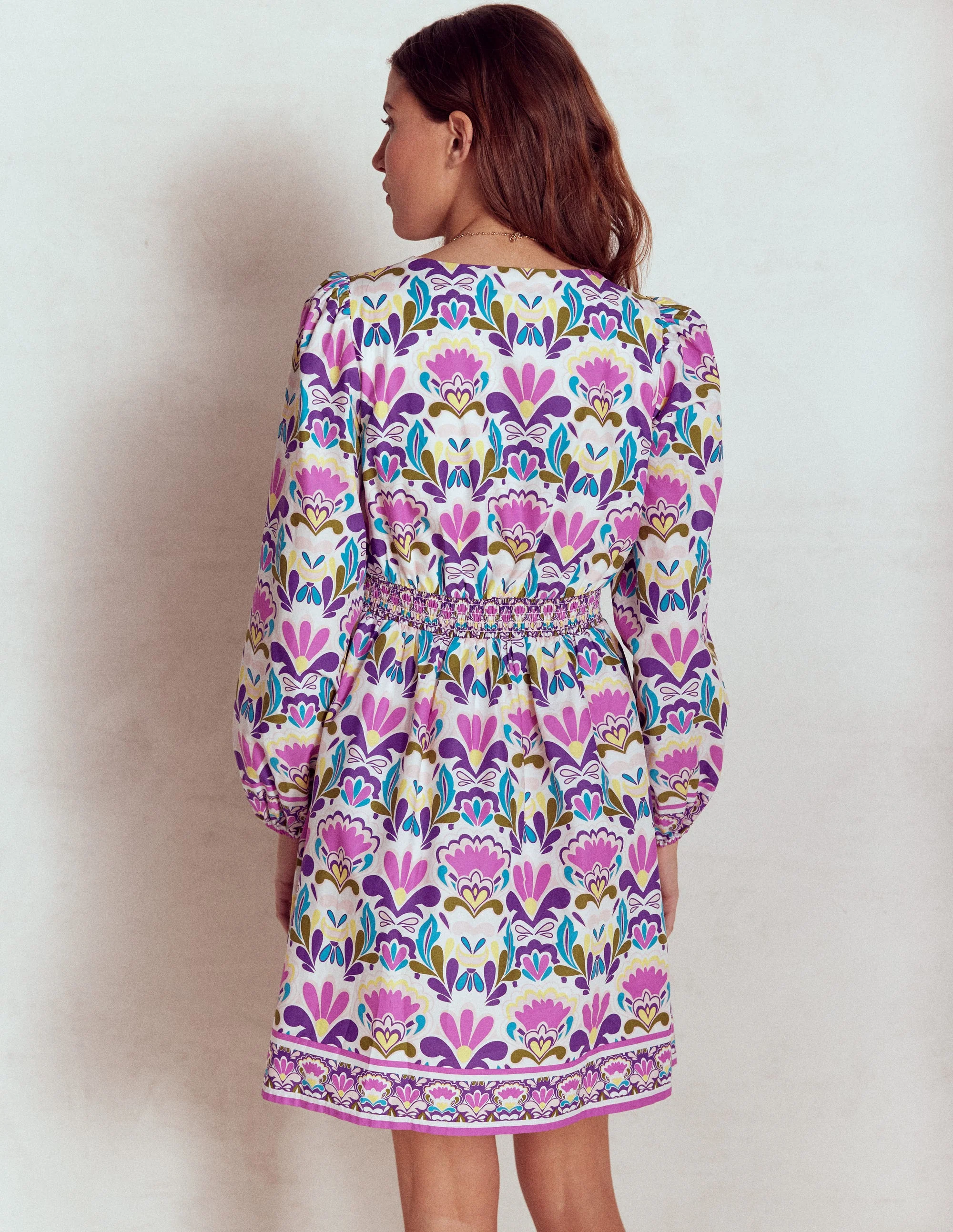 Mya Cotton Short Dress-Royal Purple, Freesia Stamp - Image 8