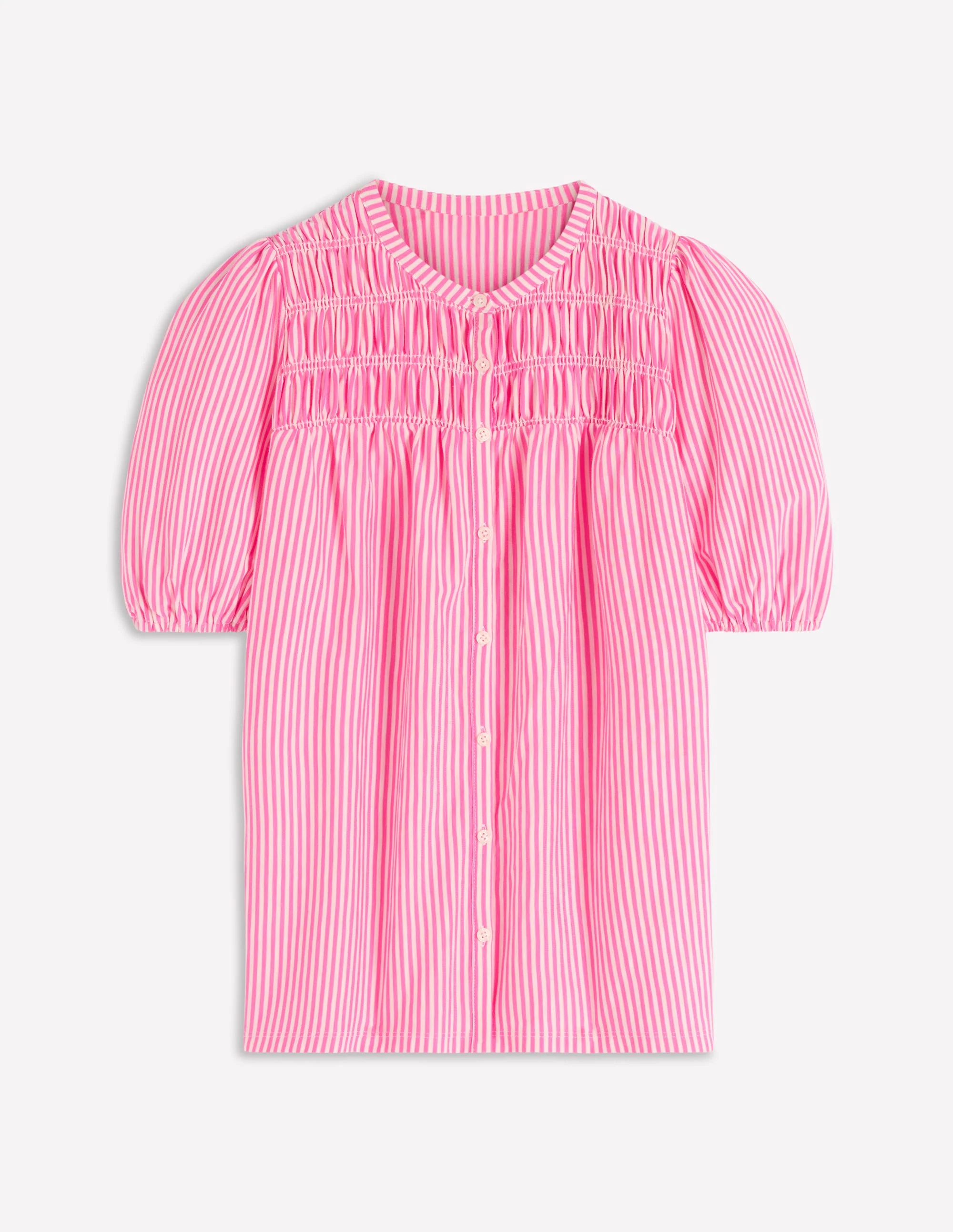 Mya Short Sleeve Smocked Shirt-Pink Punch and Ivory Stripe - Image 6