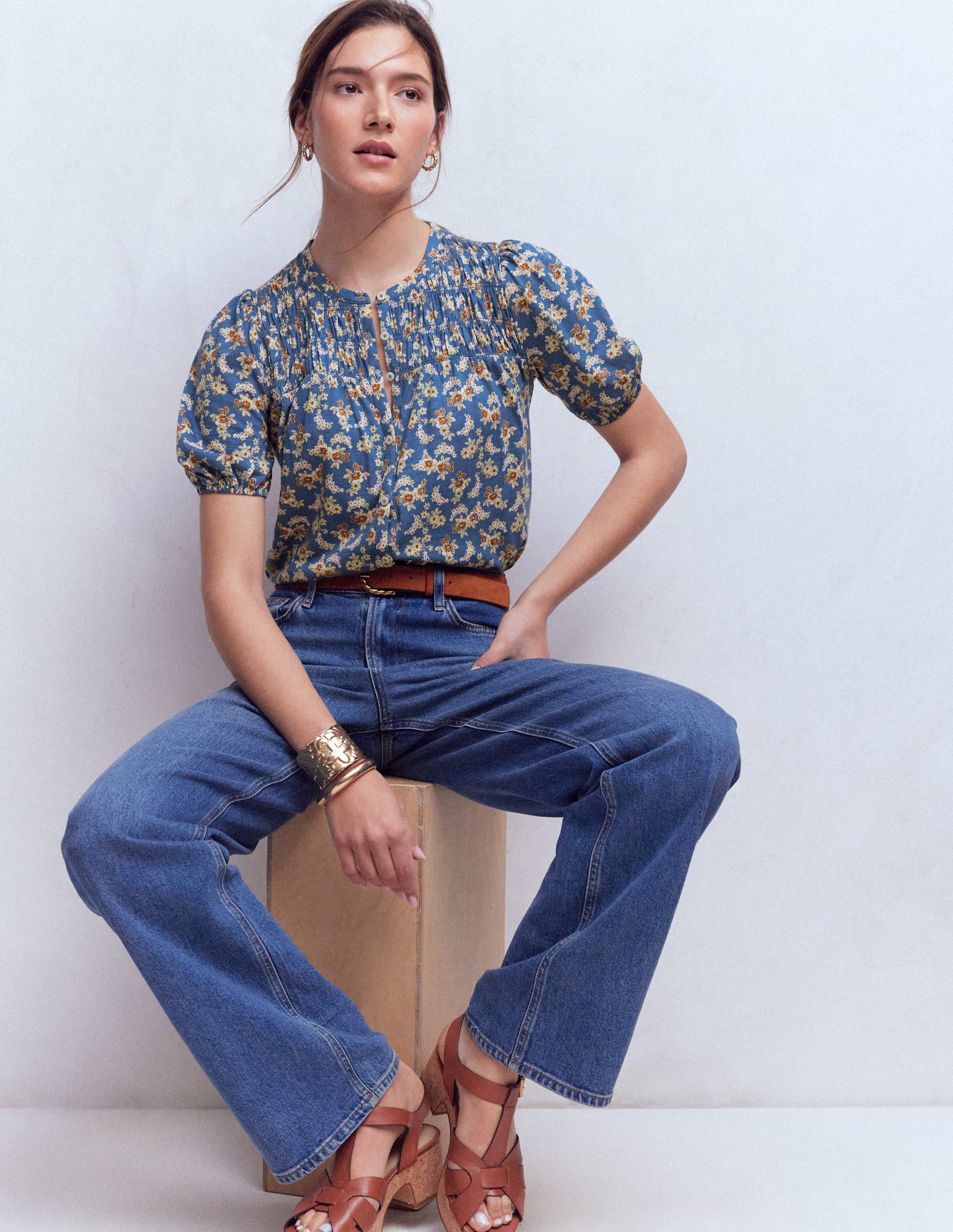 Mya Short Sleeve Smocked Shirt-True Navy, Dainty Blooms - Image 2