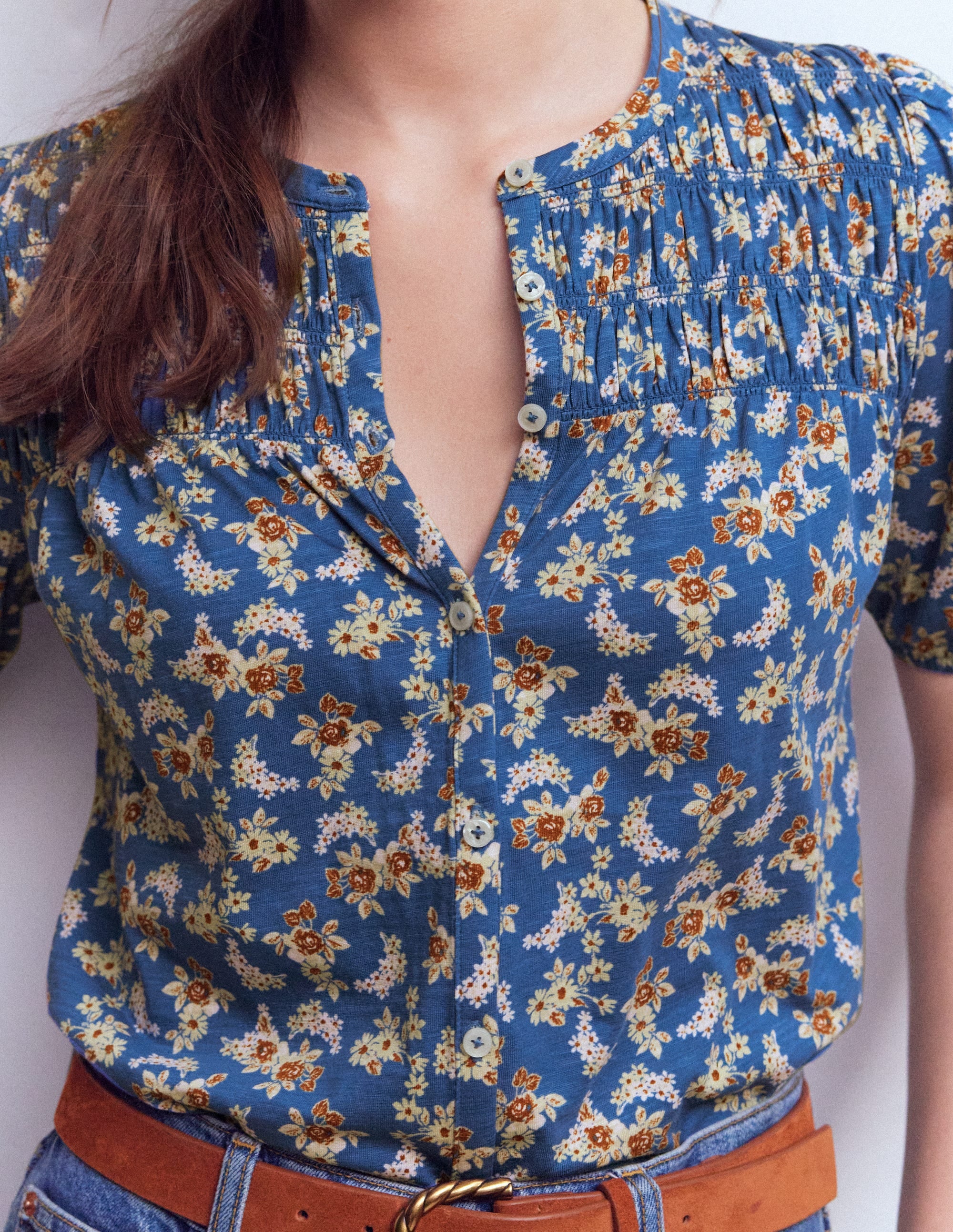 Mya Short Sleeve Smocked Shirt-True Navy, Dainty Blooms - Image 3