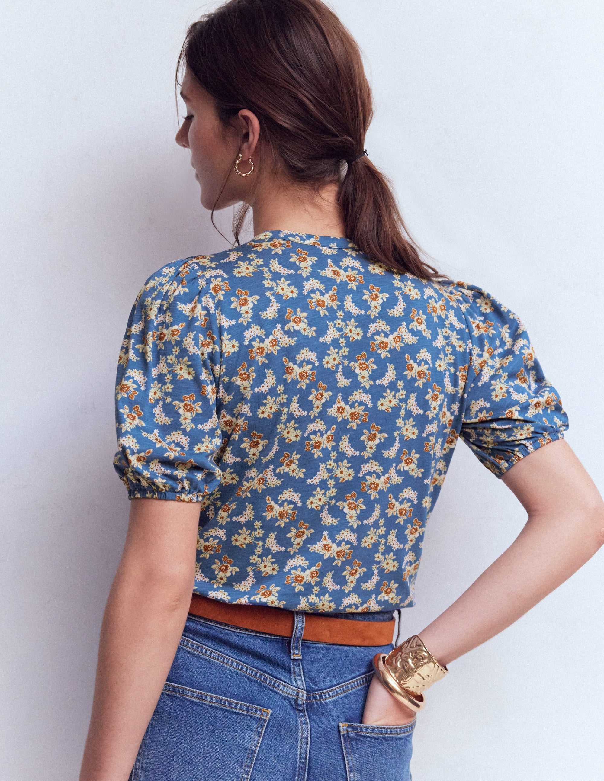 Mya Short Sleeve Smocked Shirt-True Navy, Dainty Blooms - Image 4