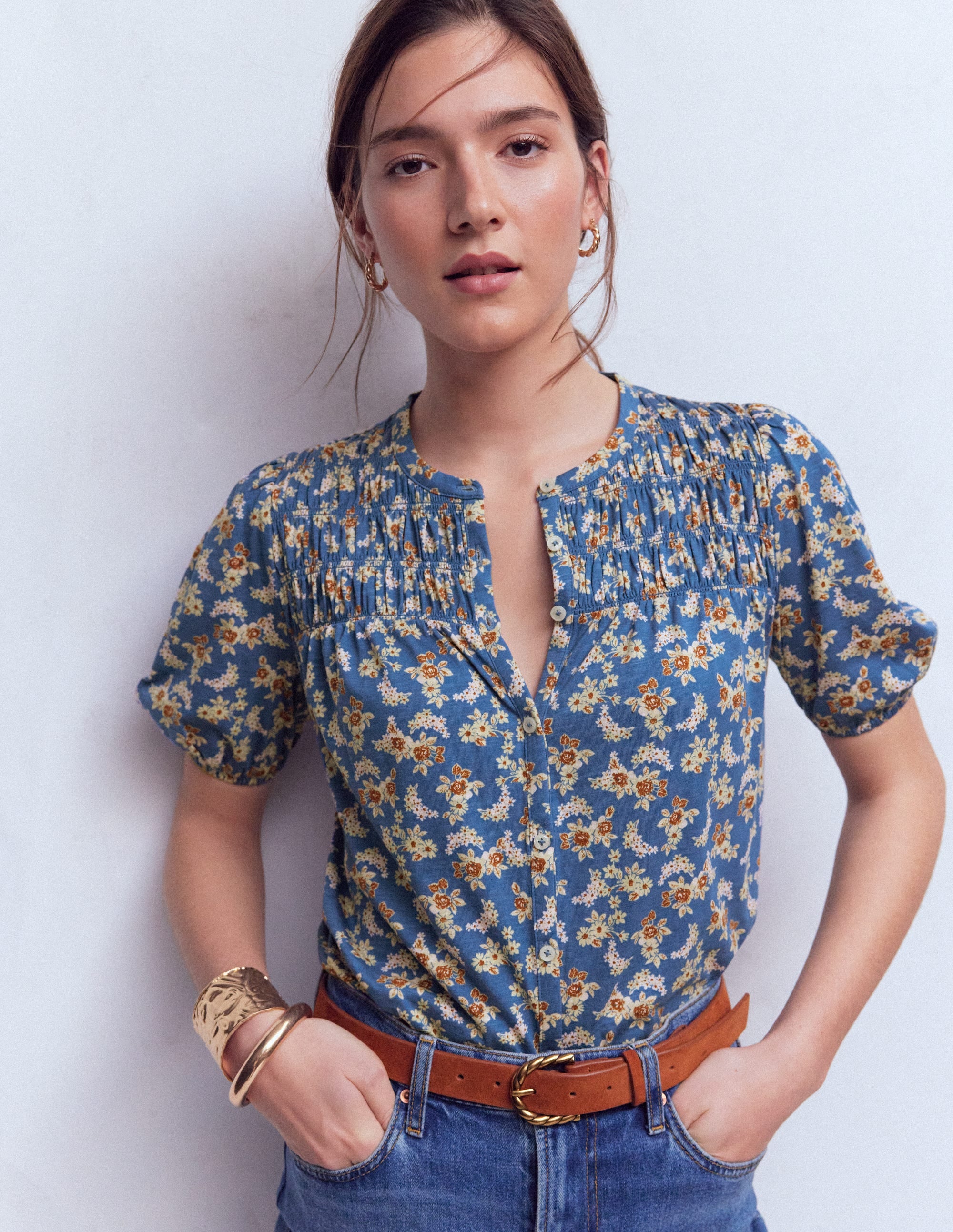 Mya Short Sleeve Smocked Shirt-True Navy, Dainty Blooms - Image 5