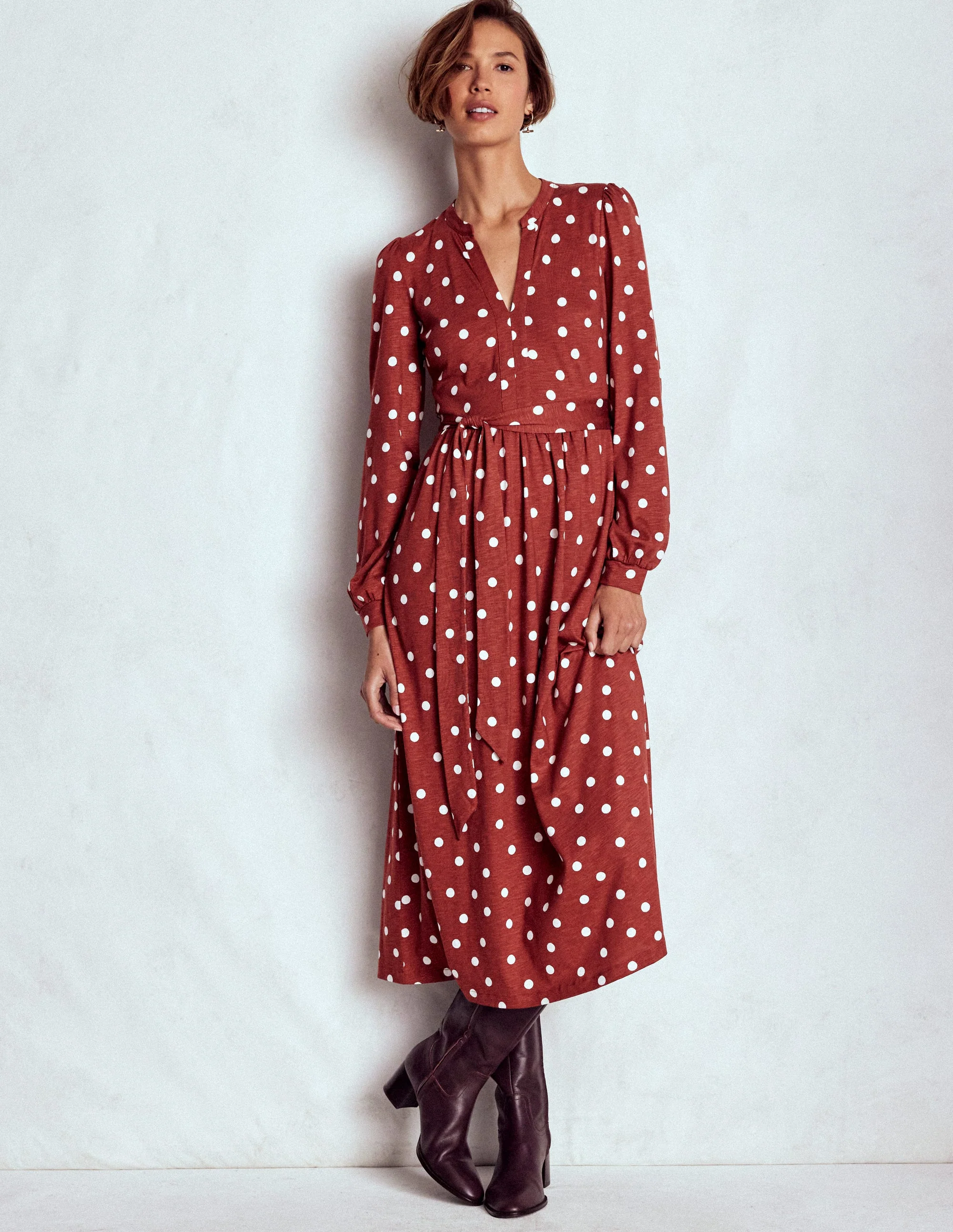 Naomi Long Sleeve Jersey Dress-Burnt Orange, Painted Dot - Image 5