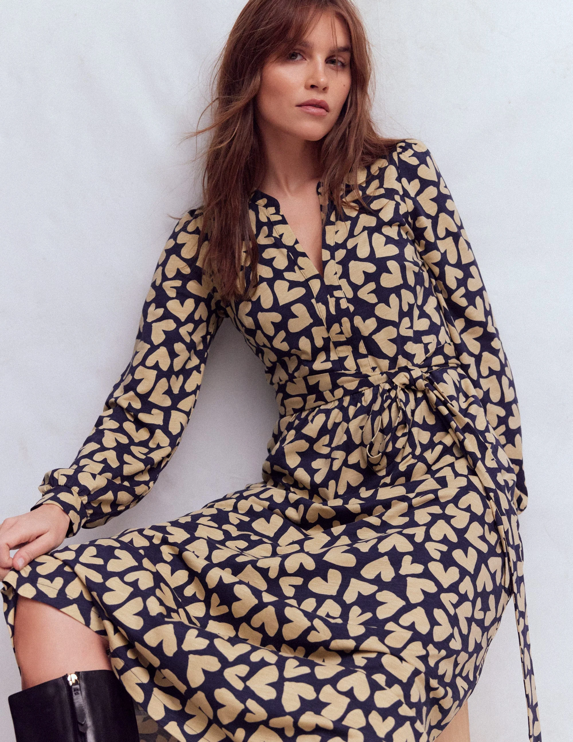 Naomi Long Sleeve Jersey Dress-French Navy, Heart Scatter - Image 2