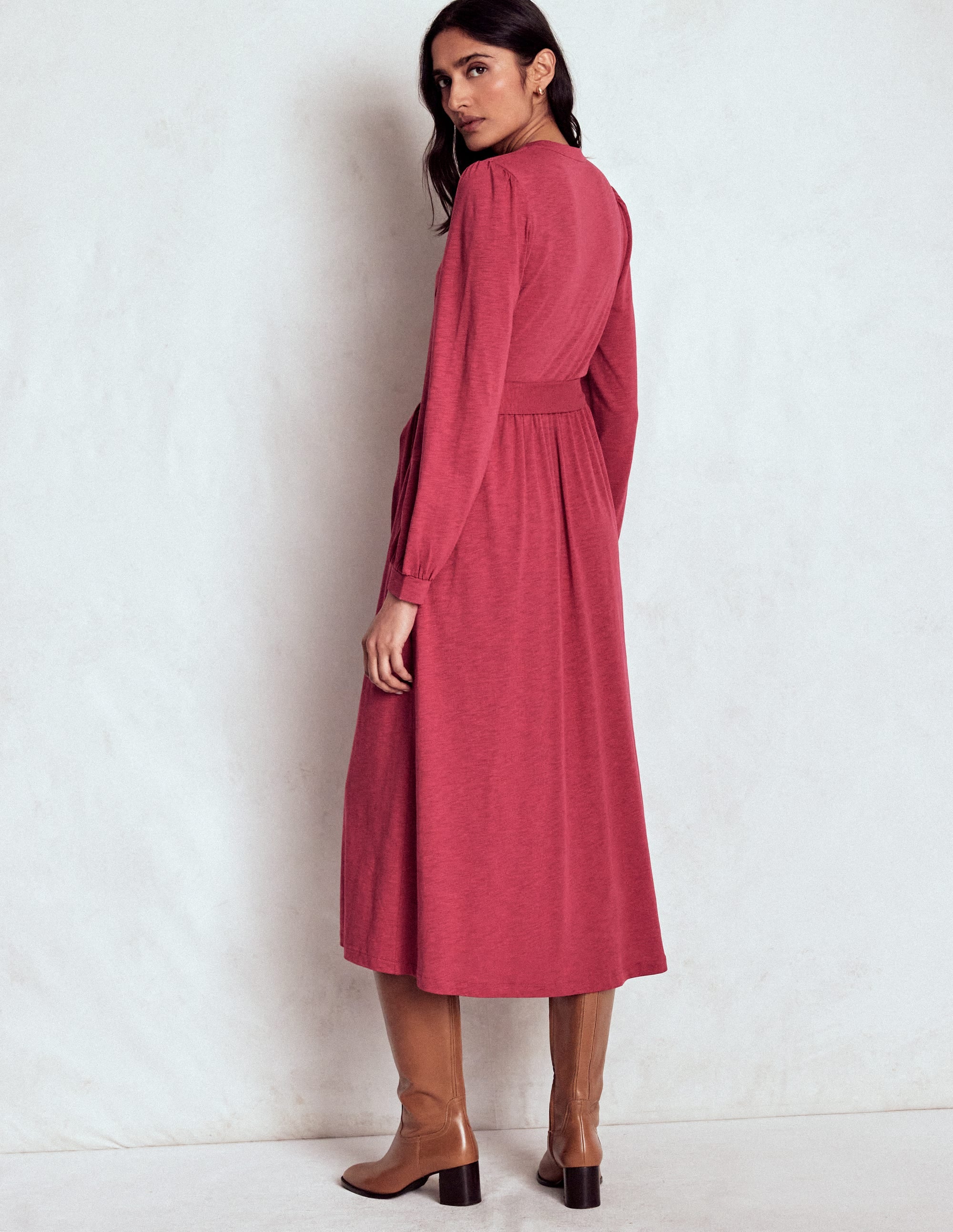 Naomi Long Sleeve Jersey Dress-Terracotta Red - Image 3