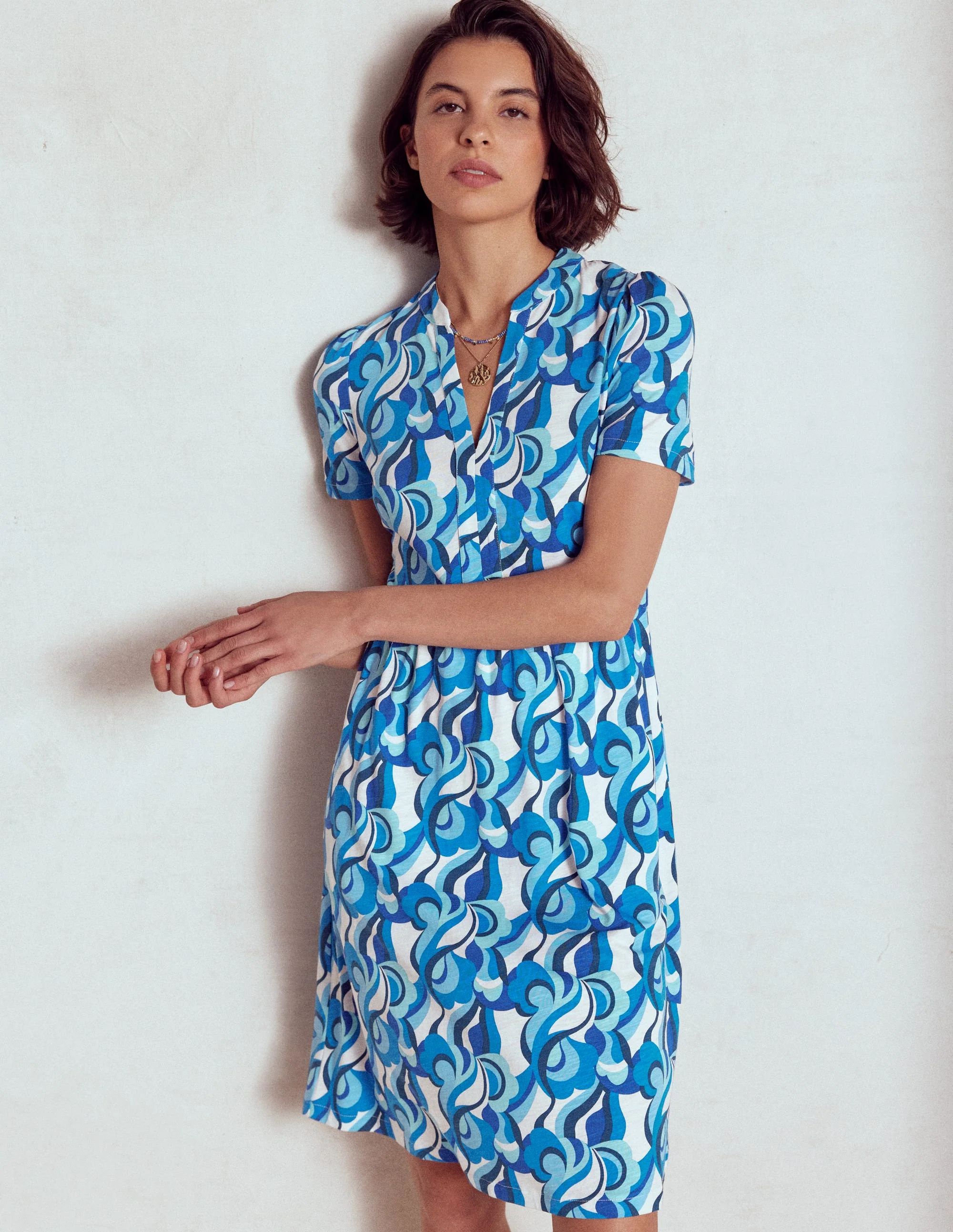 Naomi Short Jersey Dress-Blue, Abstract Swirl - Image 4