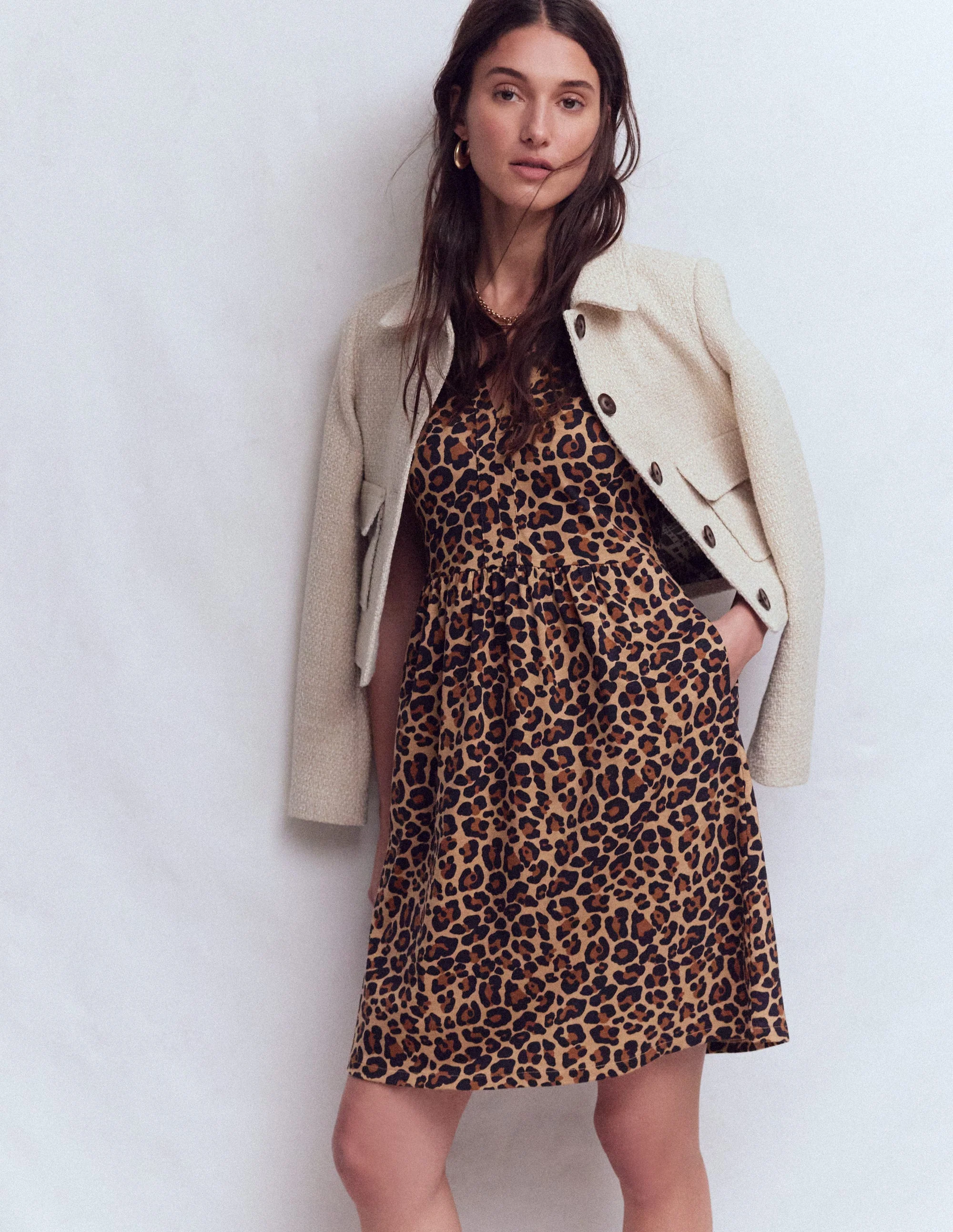 Naomi Short Jersey Dress-Camel, Cheetah Pop - Image 4