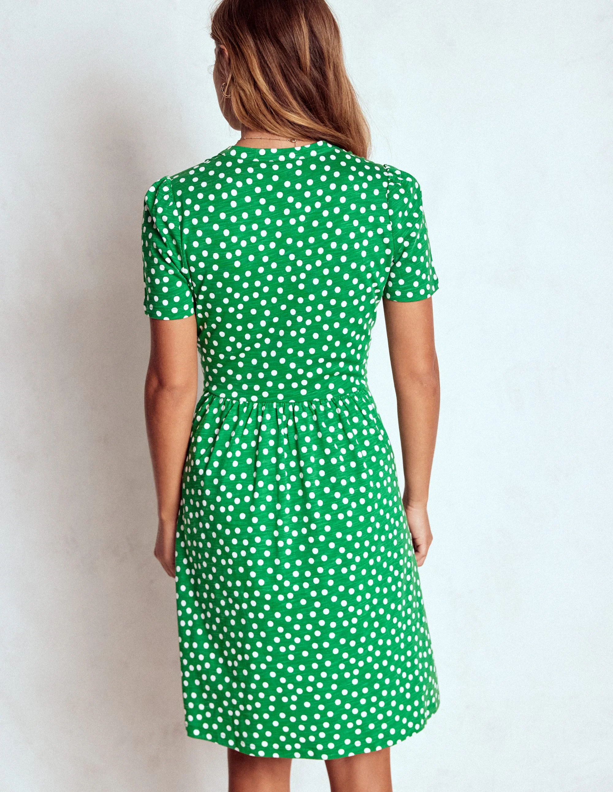 Naomi Short Jersey Dress-Highland Green, Painted Dot - Image 3
