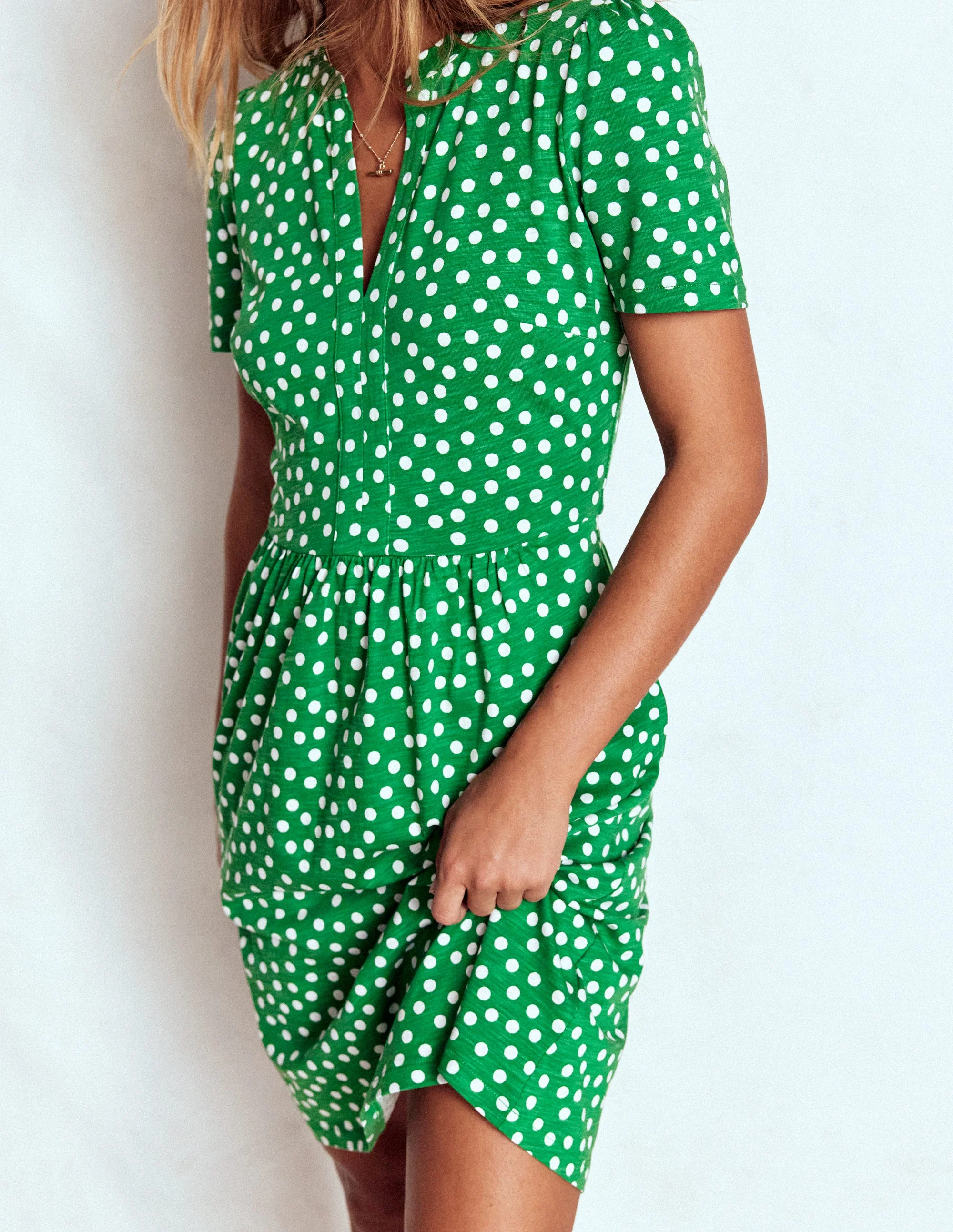 Naomi Short Jersey Dress-Highland Green, Painted Dot - Image 4
