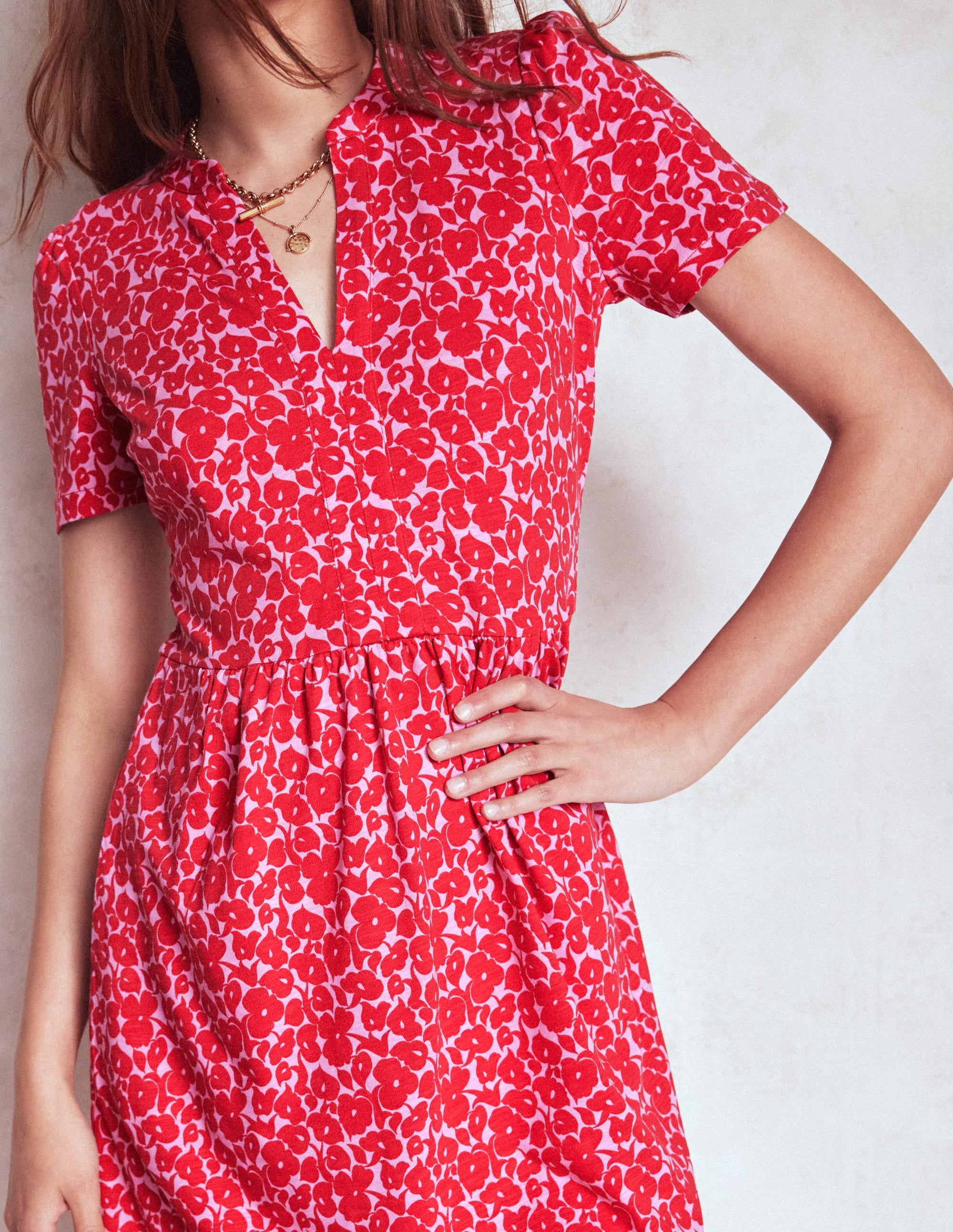 Naomi Short Jersey Dress-Jewel Red, Leafy Grove - Image 2