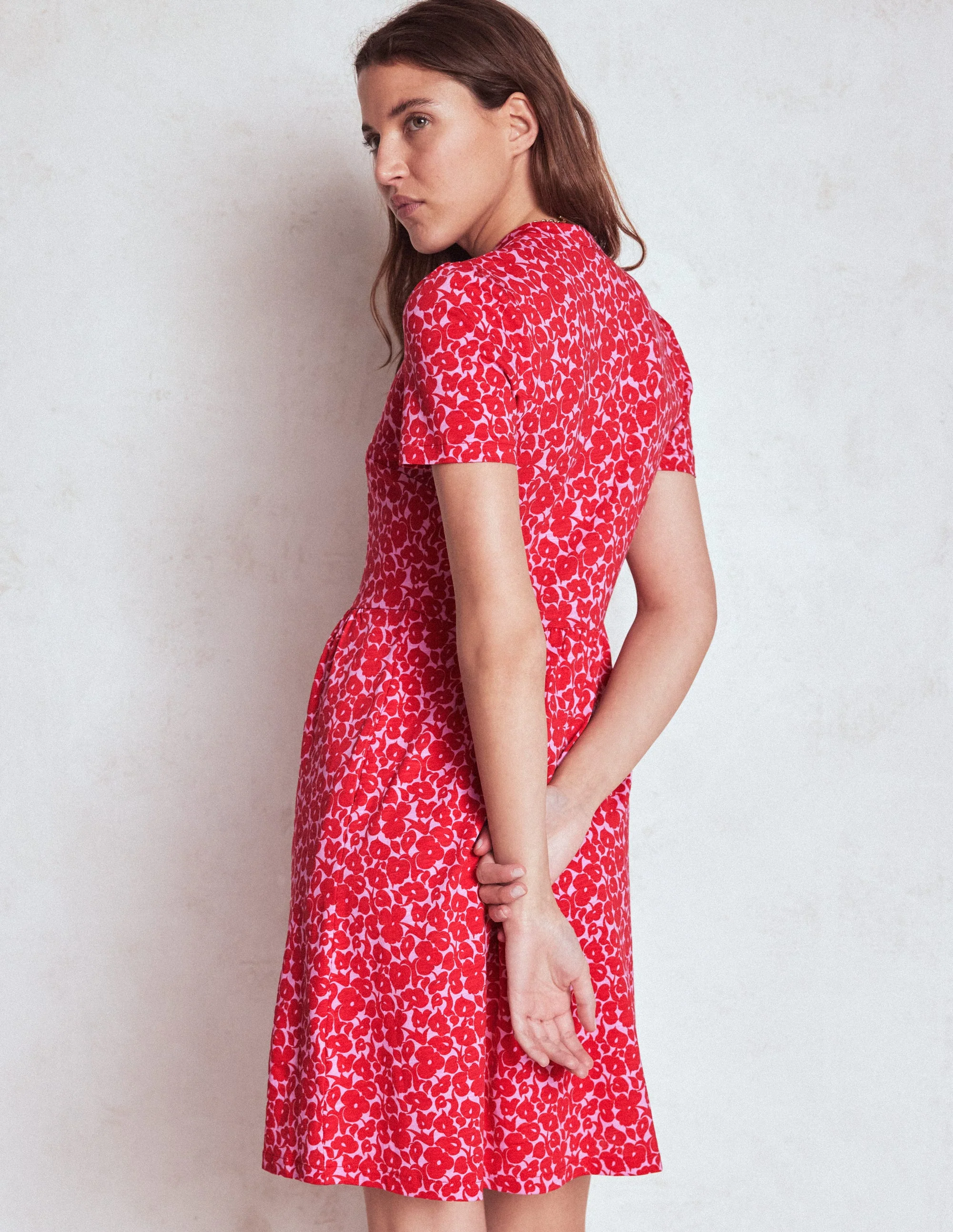 Naomi Short Jersey Dress-Jewel Red, Leafy Grove - Image 3