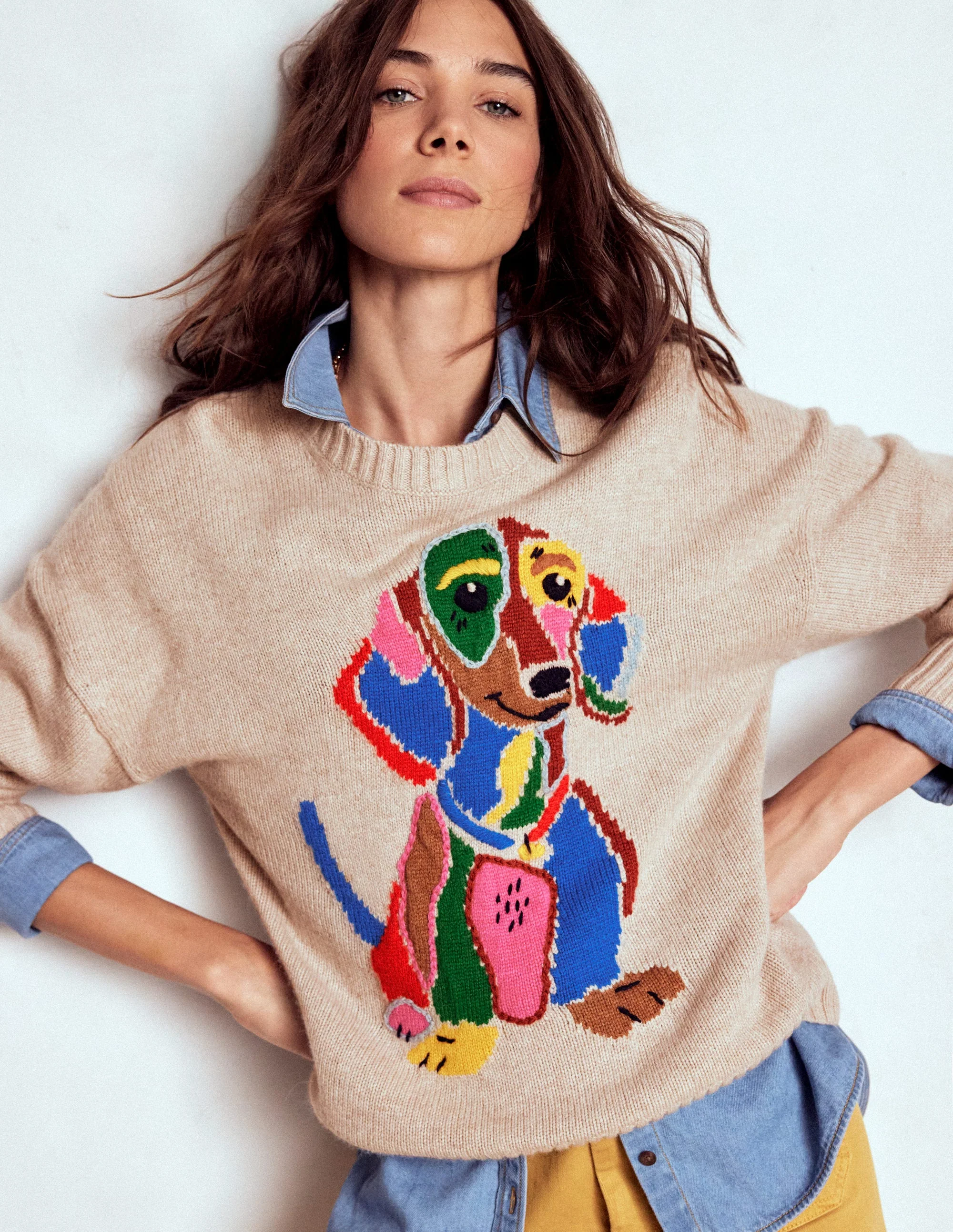 Natalie Embroidered Jumper-Oatmeal Melange, Daschund