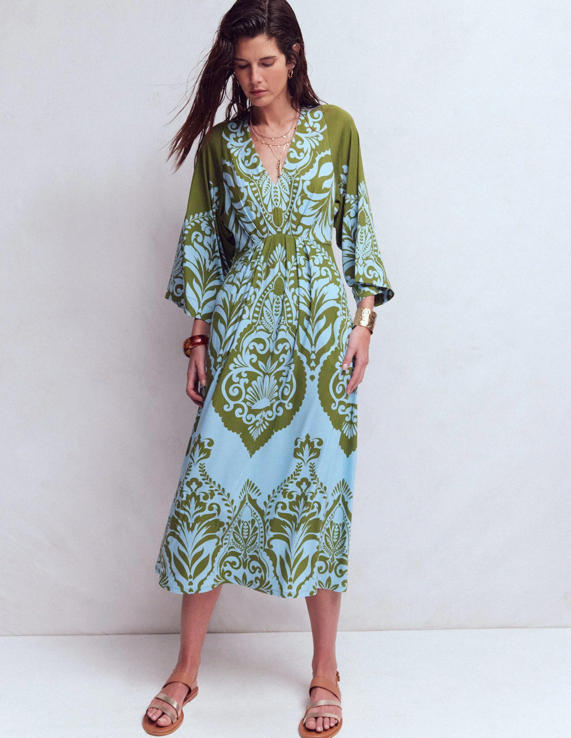 Nell Kimono Midi Jersey Dress-Olive, Ornamental Garden - Image 2