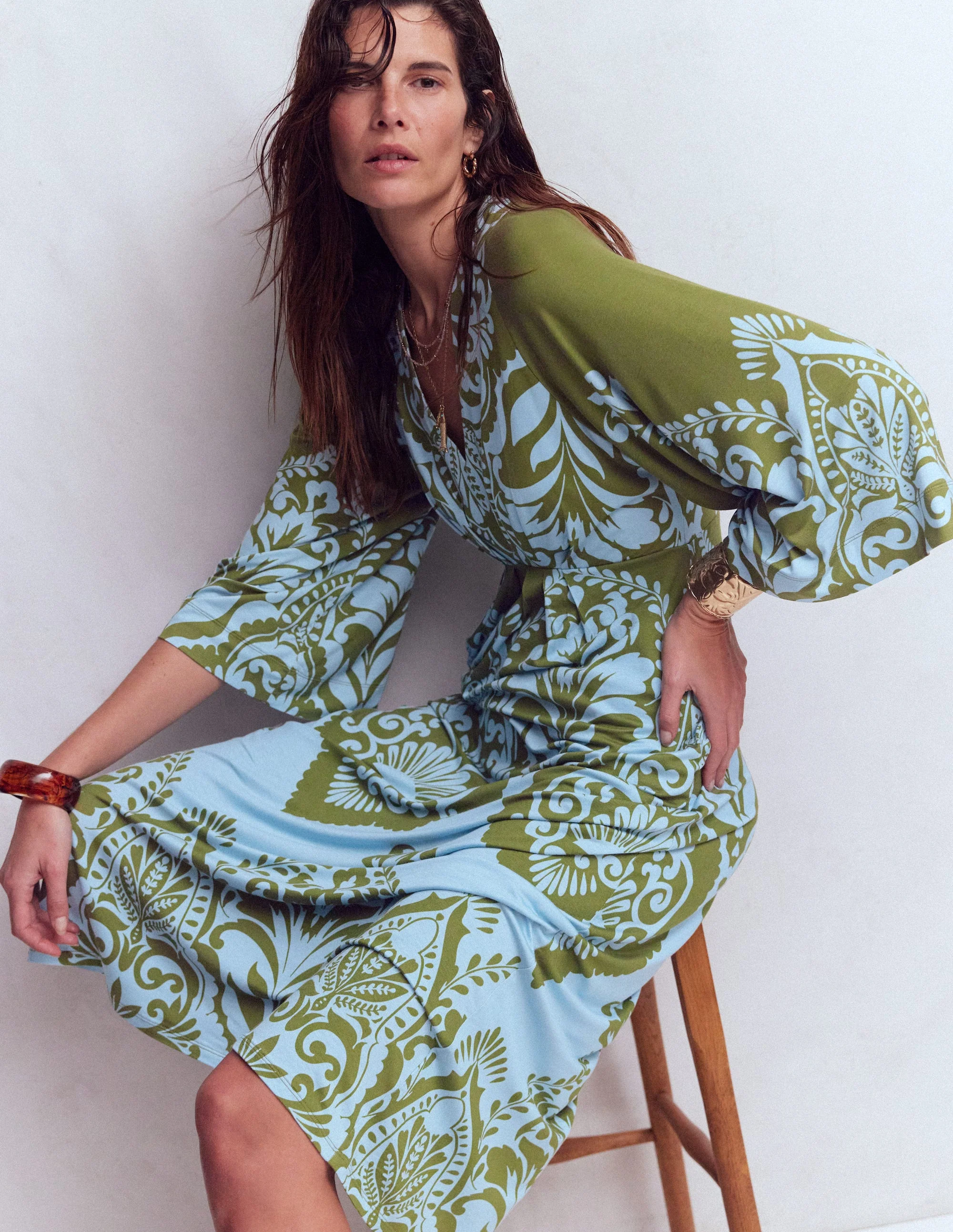 Nell Kimono Midi Jersey Dress-Olive, Ornamental Garden - Image 3