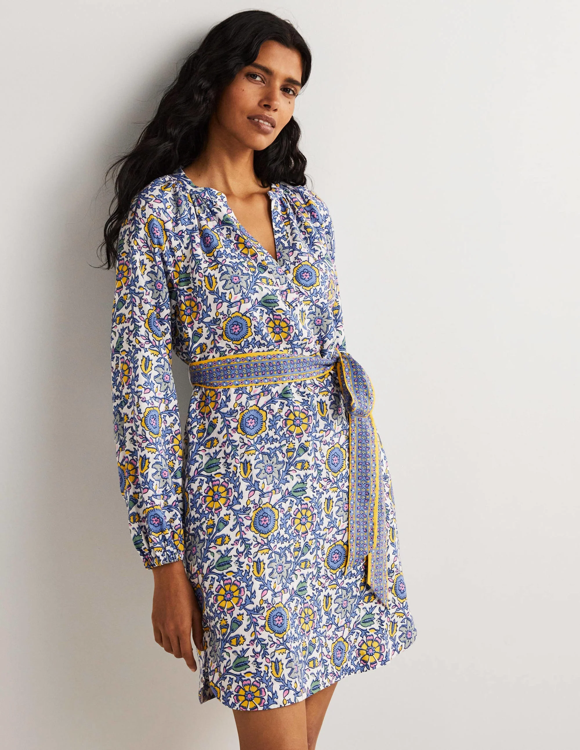 Notch Neck Linen Mini Dress-Riviera Blue, Enchanting Twig