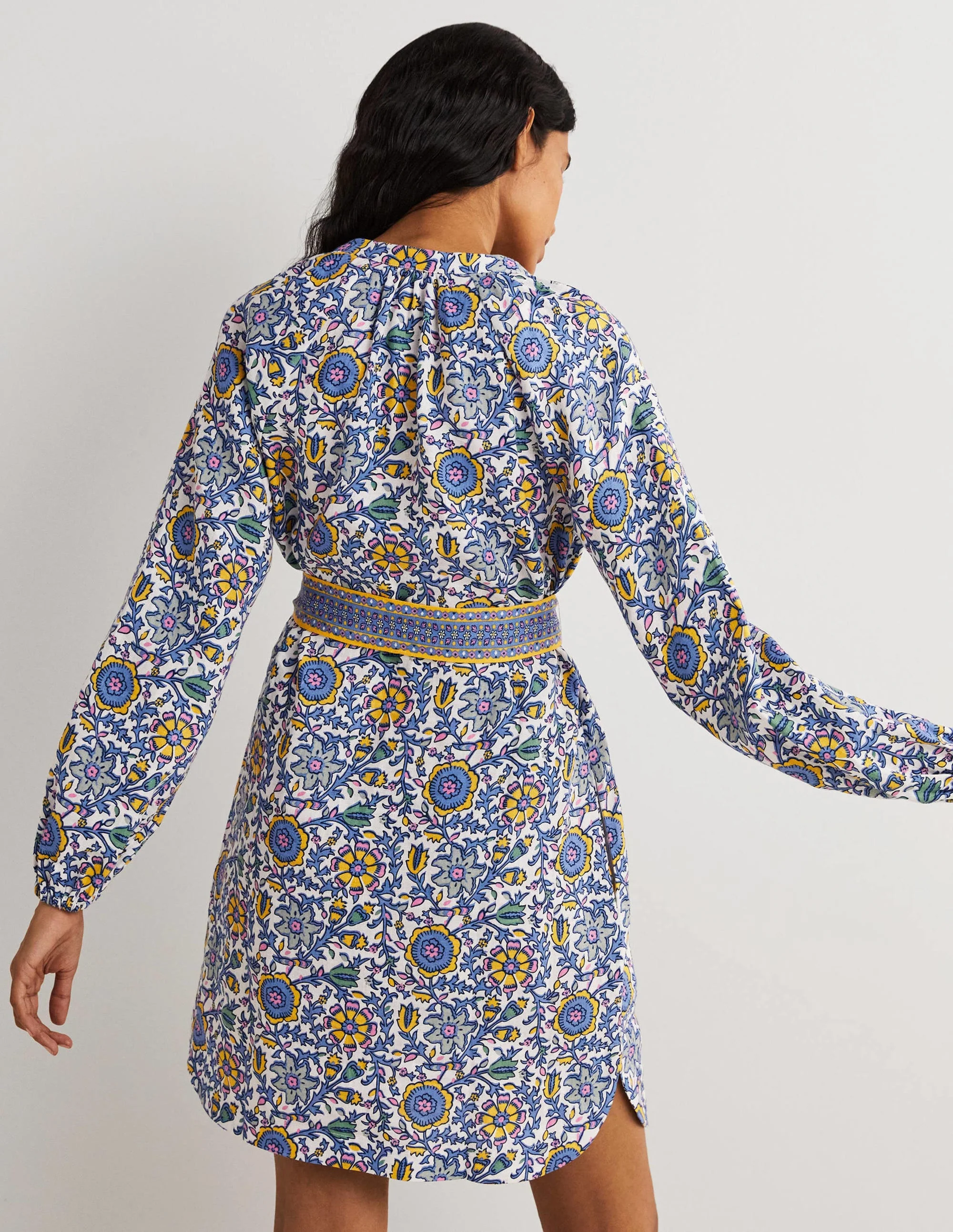 Notch Neck Linen Mini Dress-Riviera Blue, Enchanting Twig - Image 3