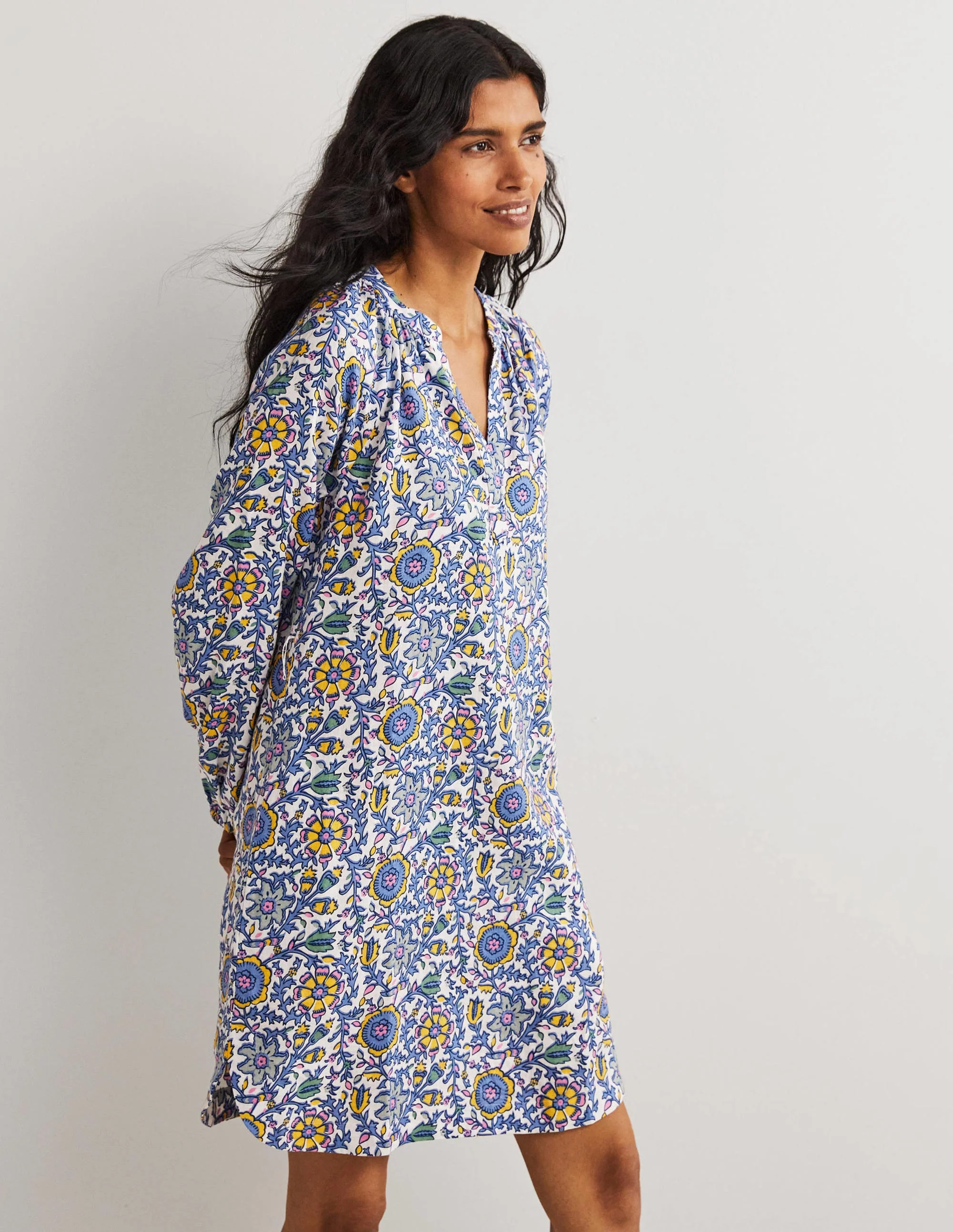 Notch Neck Linen Mini Dress-Riviera Blue, Enchanting Twig - Image 4