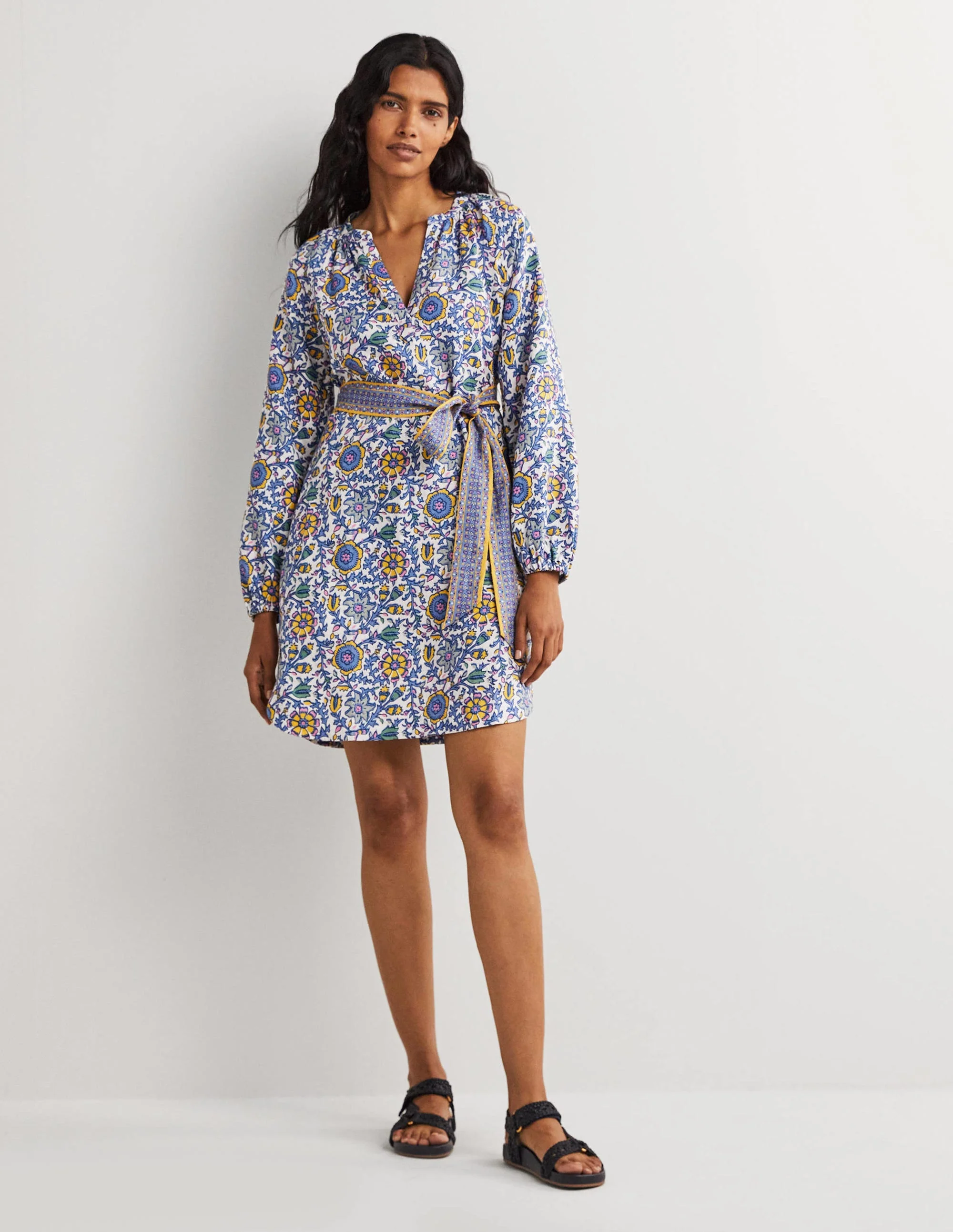 Notch Neck Linen Mini Dress-Riviera Blue, Enchanting Twig - Image 5
